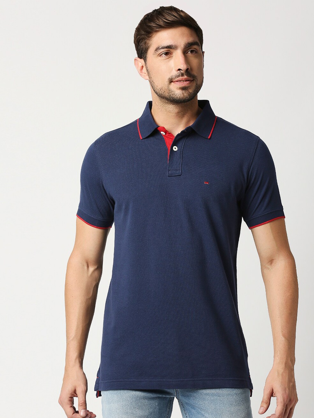 

Basics Men Navy Blue Polo Collar Slim Fit Cotton T-shirt