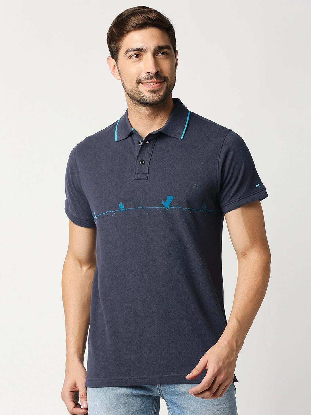 

Basics Men Grey Polo Collar Slim Fit Cotton T-shirt