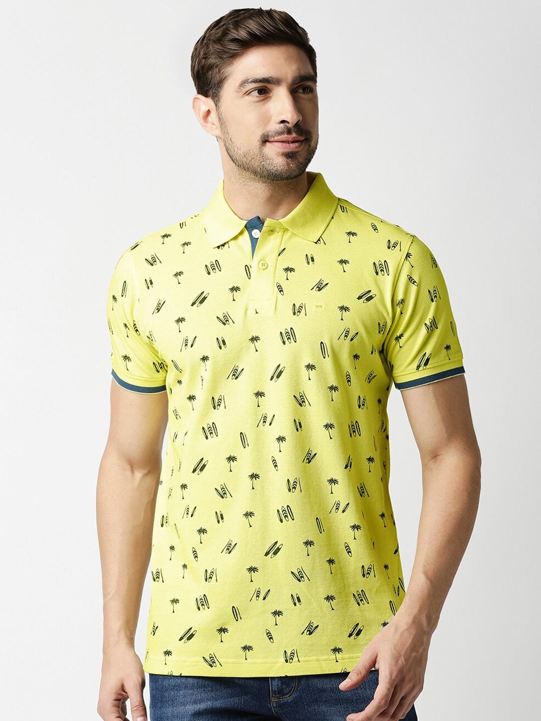 

Basics Men Yellow & Blue Printed Polo Collar Slim Fit Cotton T-shirt