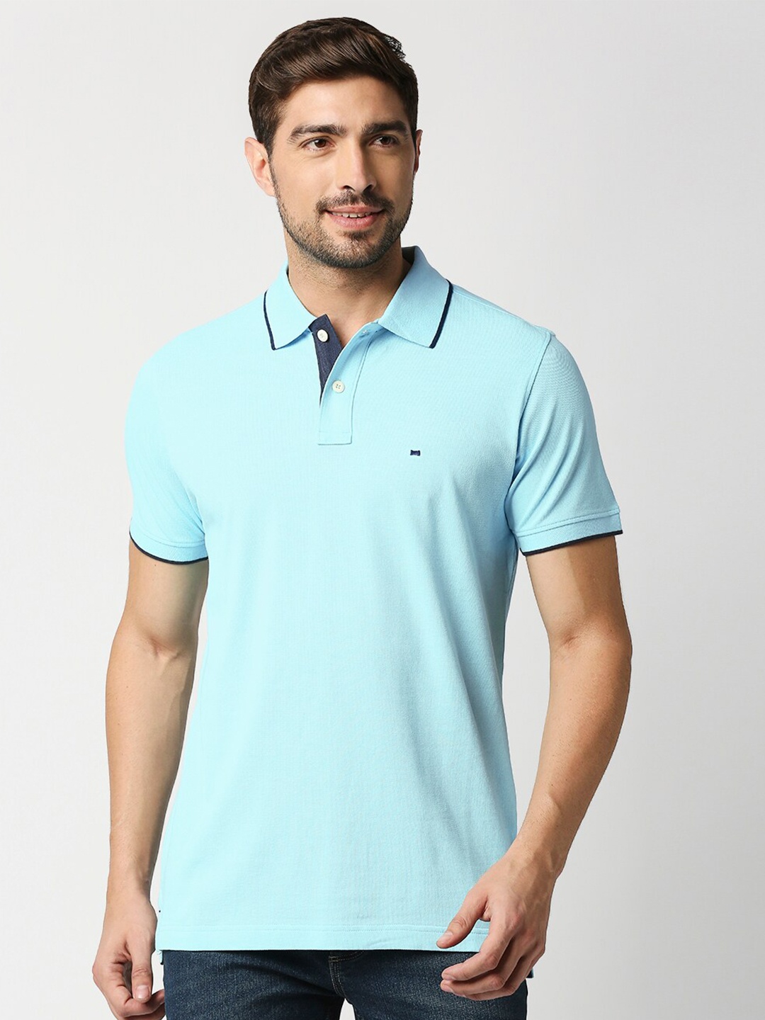

Basics Men Blue Polo Collar Slim Fit Cotton T-shirt