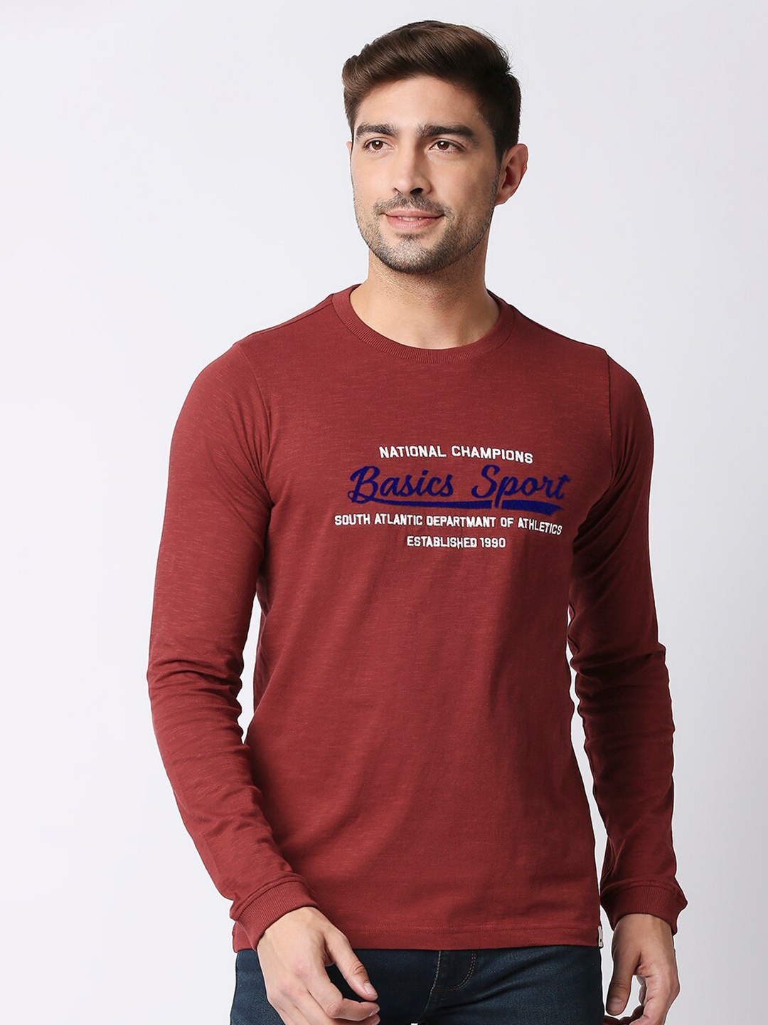 

Basics Men Red & Black Typography Printed Slim Fit Cotton T-shirt