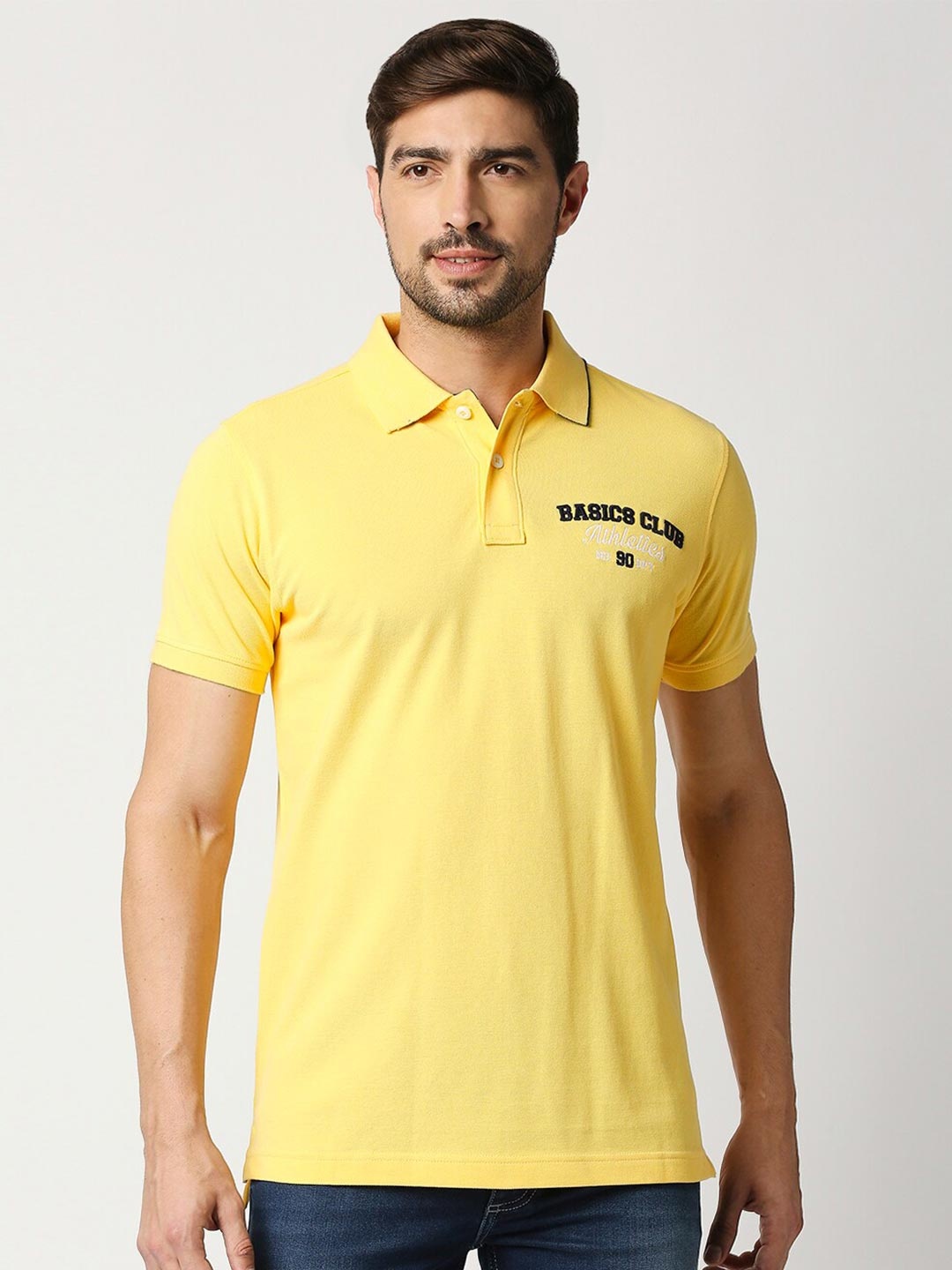 

Basics Men Yellow Polo Collar Slim Fit Cotton T-shirt