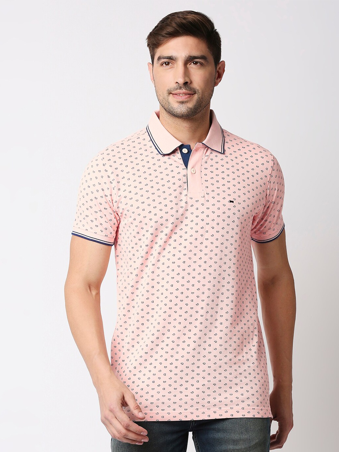 

Basics Men Pink & Navy Blue Printed Polo Collar Slim Fit Cotton T-shirt