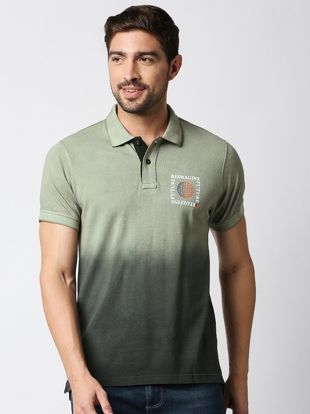 

Basics Men Olive Green Solid Polo Collar Slim Fit Cotton T-shirt