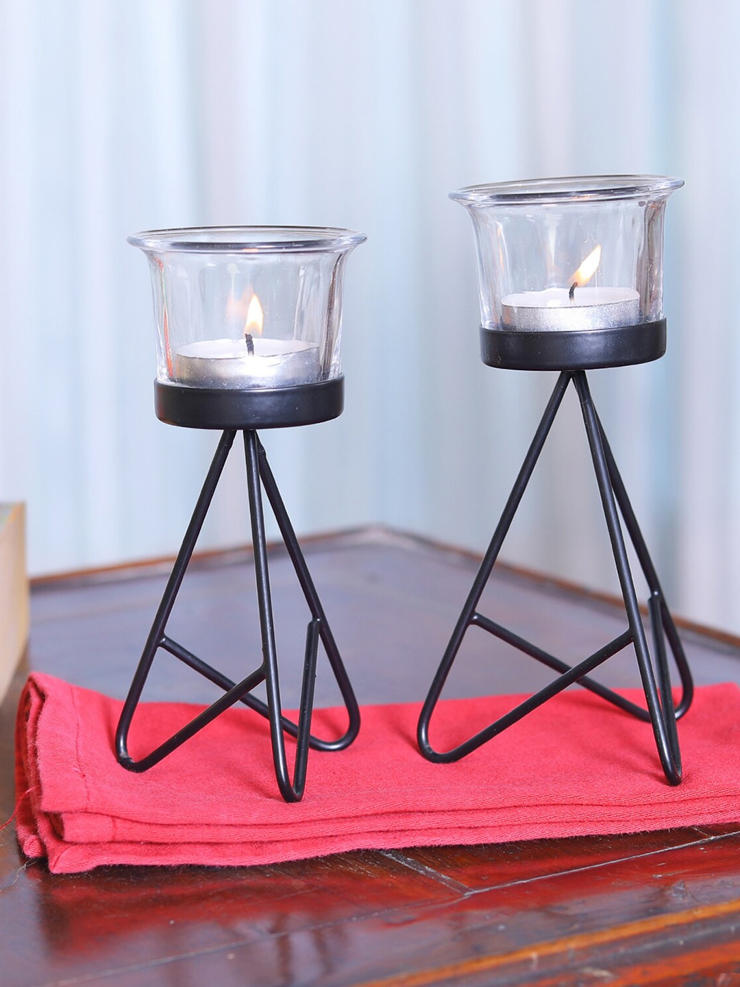 

HOSLEY Set of 2 Black & Transparent Solid Tea-Light Candle Holders