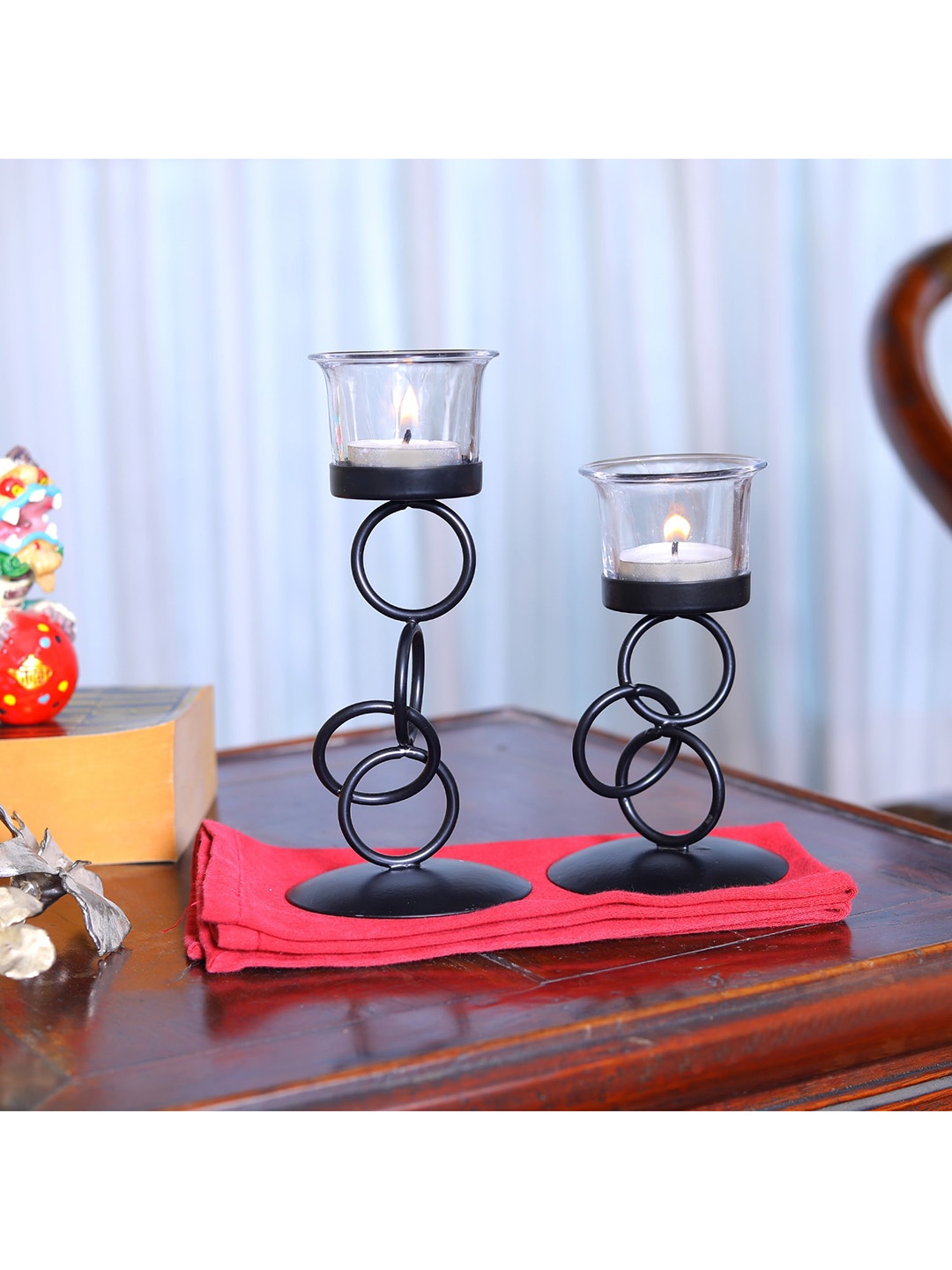 

HOSLEY Set of 2 Black Metal T-Light Candle Holder With Stand