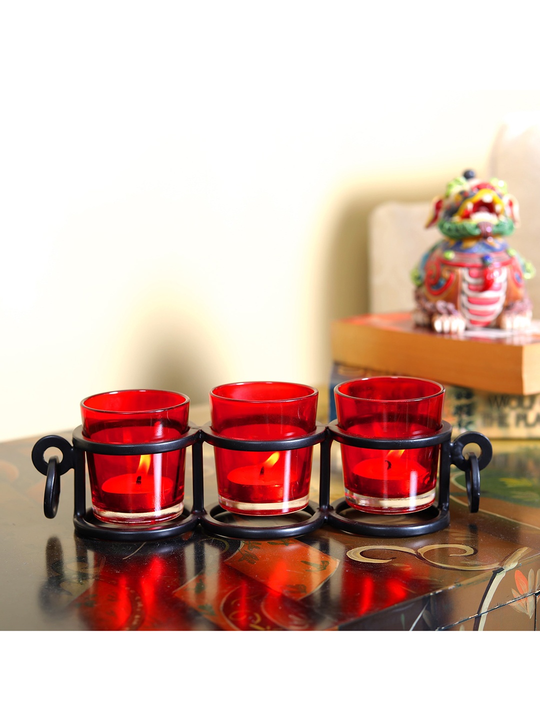 

HOSLEY Black & Red Tealight Candle Holder With Beautiful Glasses