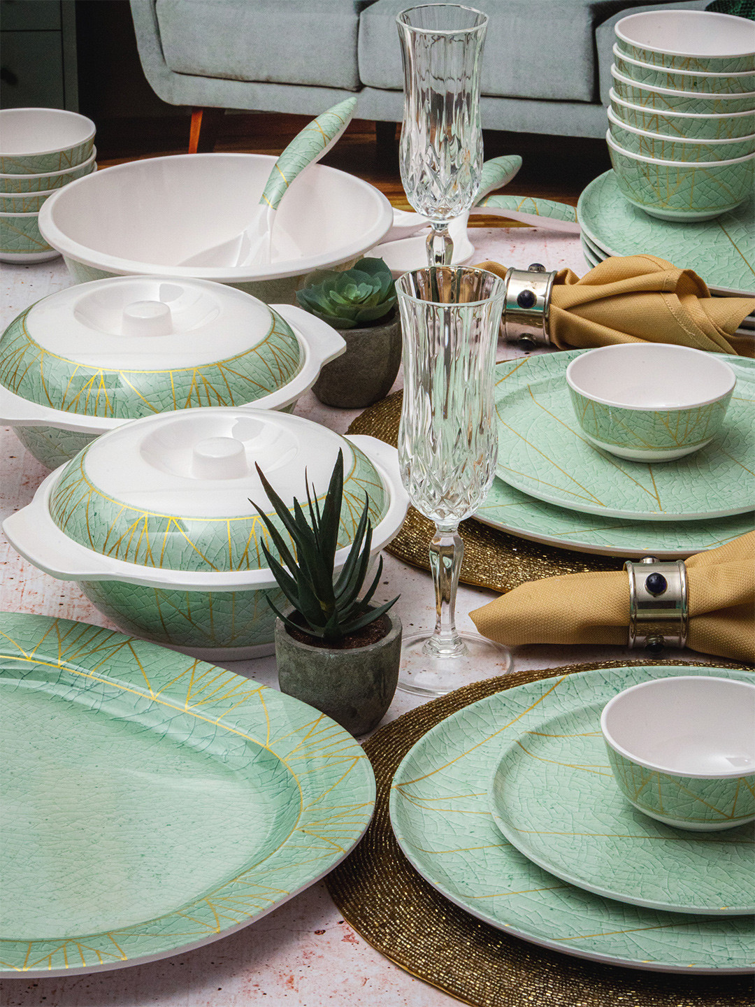 

Stehlen Set of 33 Pieces of Green Printed Dishwash safe Melamine Glossy