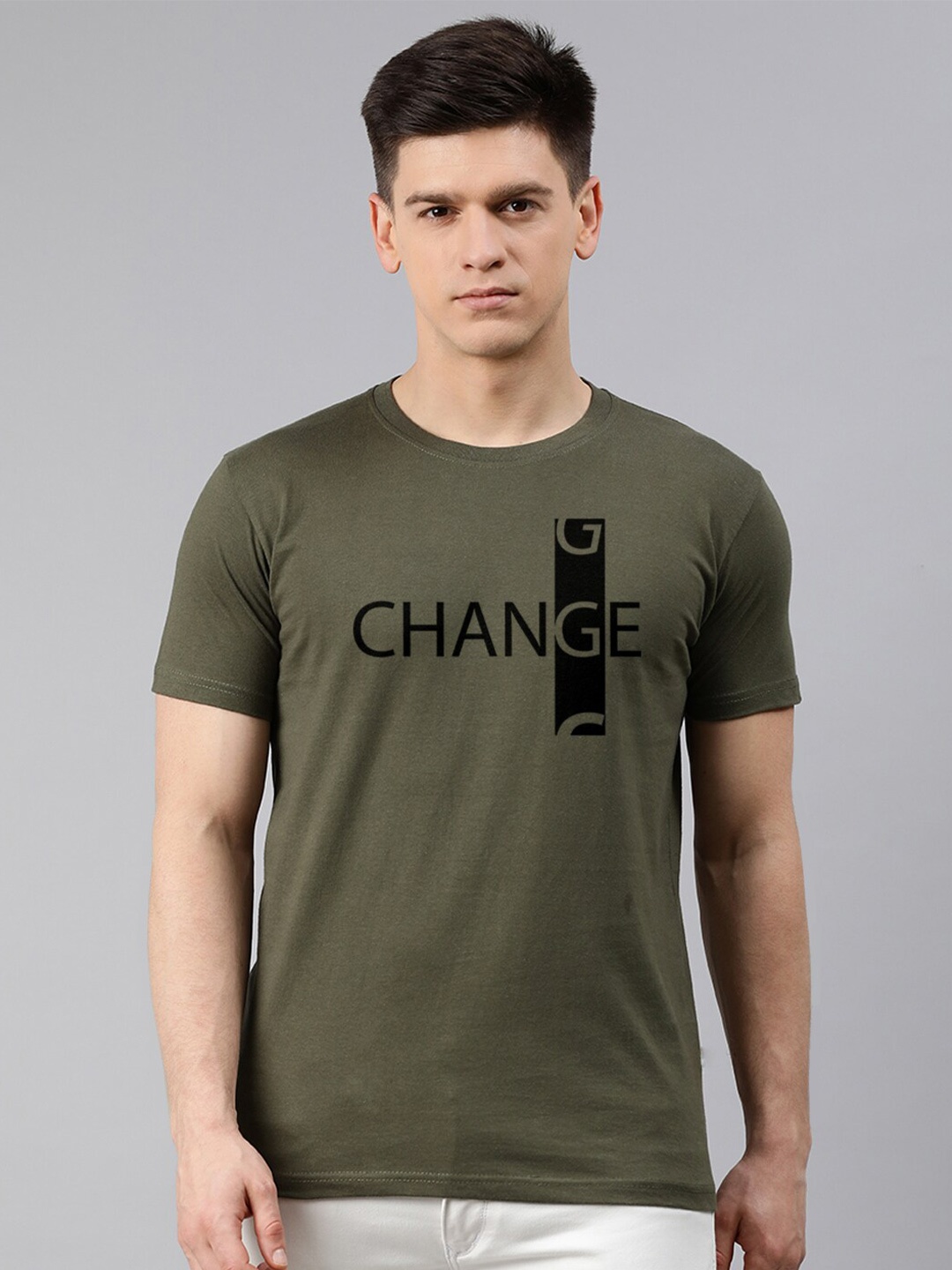 

UNSULLY Men Olive Green Typography Printed Cotton T-shirt