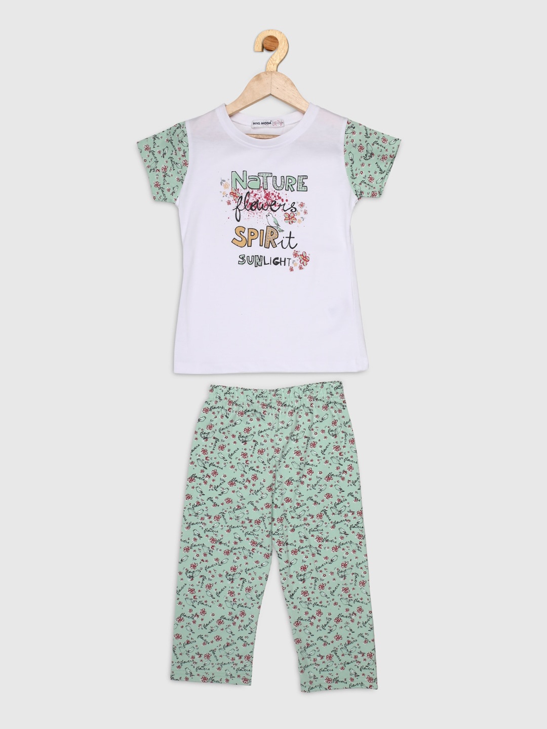 

Nins Moda Girls Green & Grey Printed Night suit