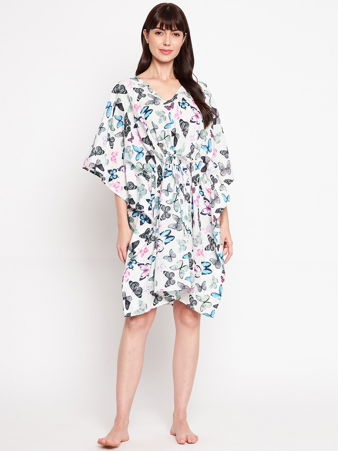 

SECRETS BY ZEROKAATA Women White & Pink Printed Pure Cotton Kaftan Cover Up Dress