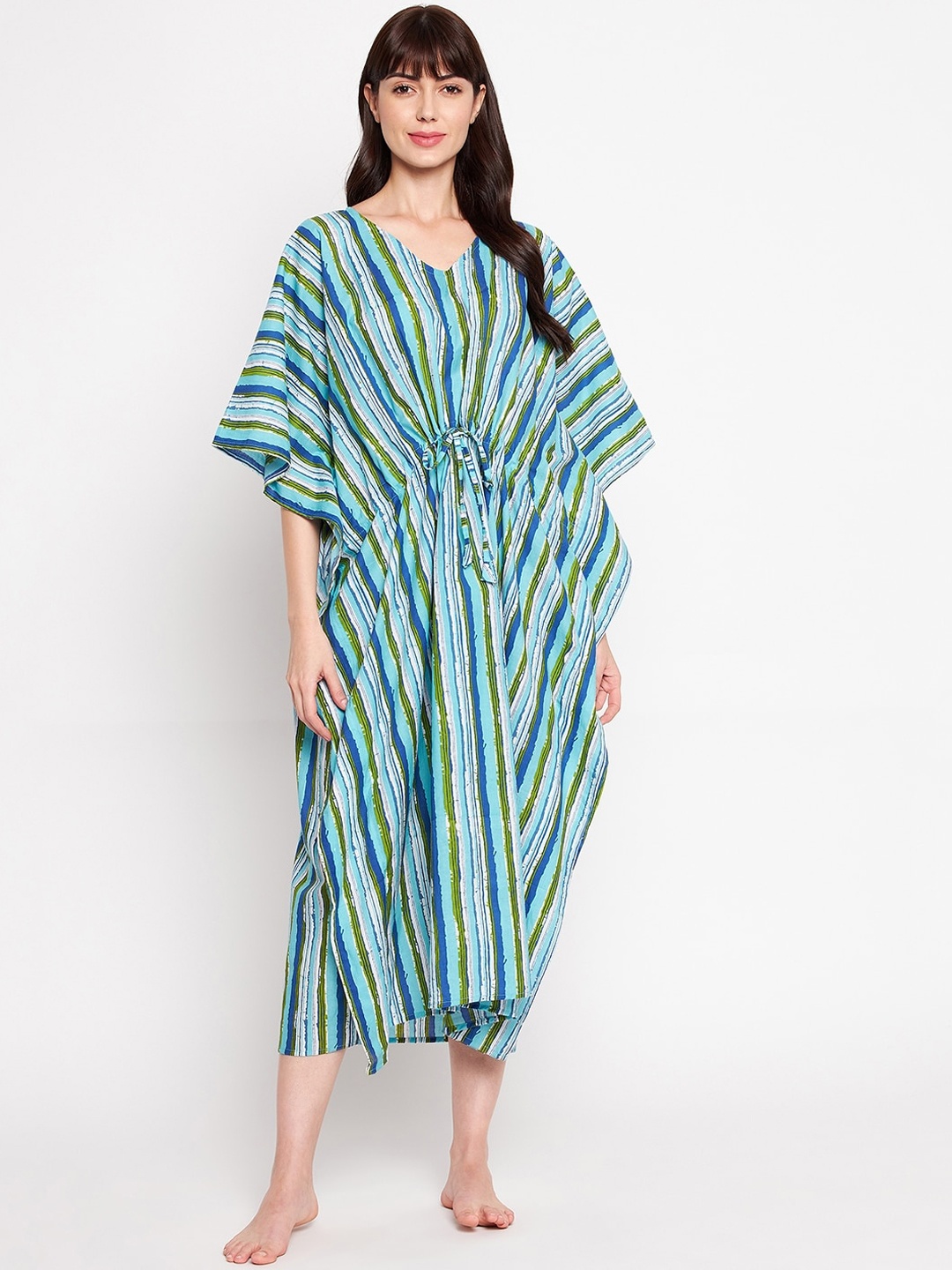 

SECRETS BY ZEROKAATA Women Blue & Green Striped Cotton Kaftan Cover Up Dress