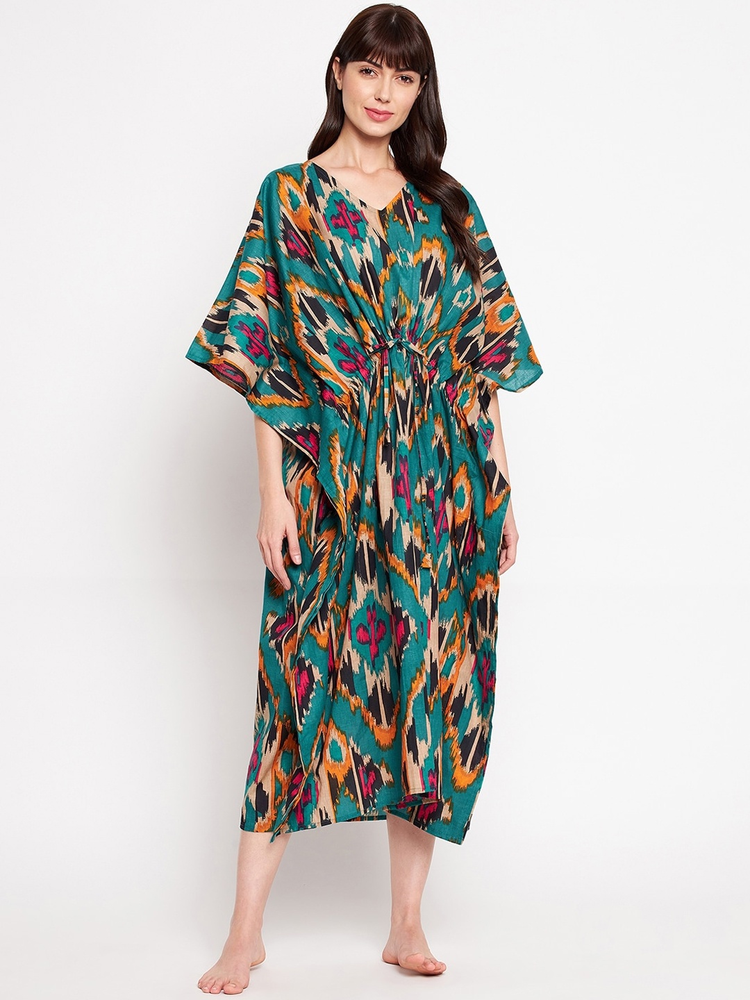

SECRETS BY ZEROKAATA Ikkat Printed Pure Cotton Long Kaftan Women, Blue