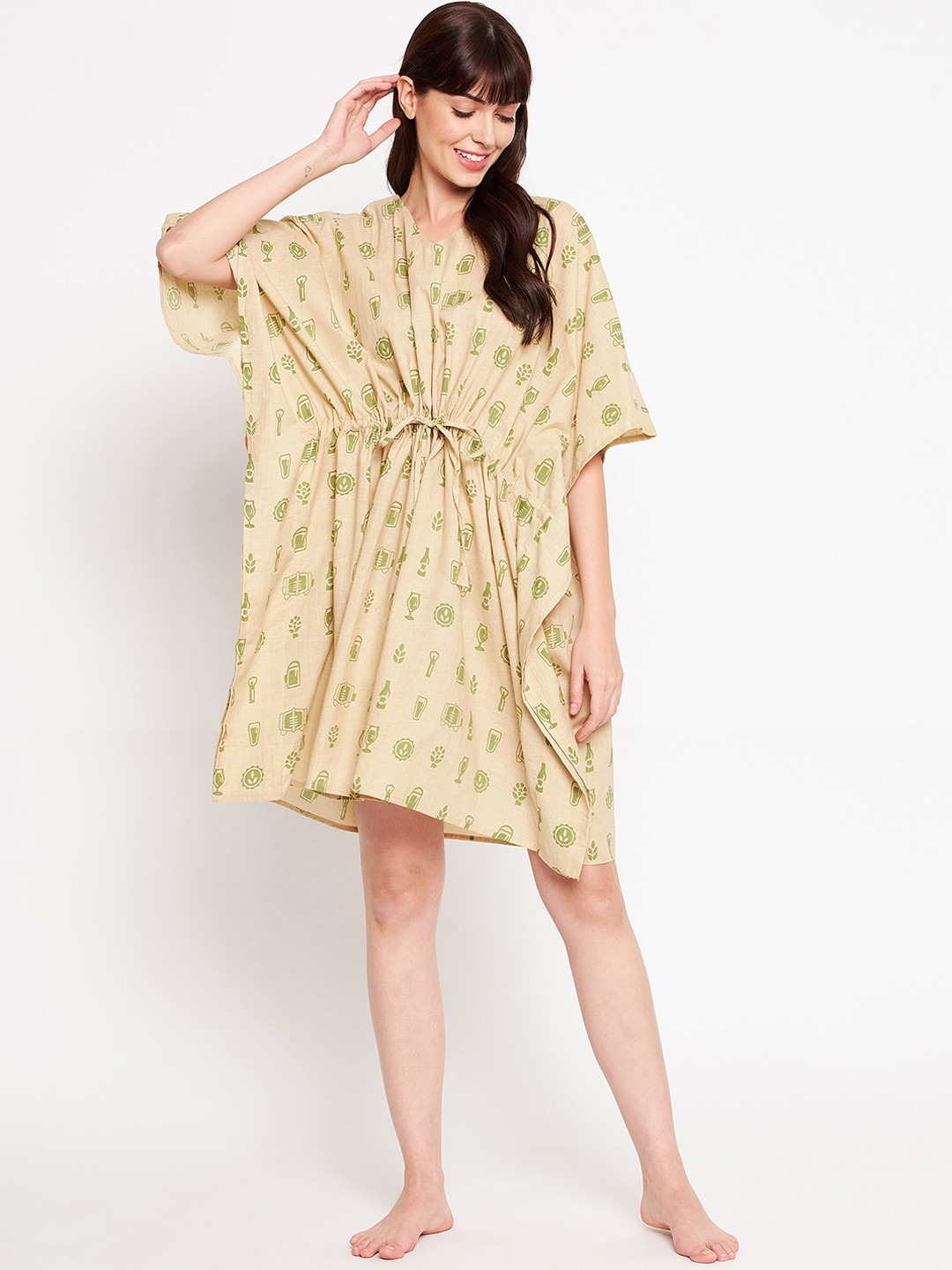 

SECRETS BY ZEROKAATA Beige Printed Pure Cotton Kaftan Cover Up Dress