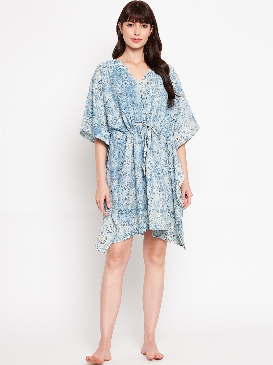

SECRETS BY ZEROKAATA Women Light-Grey & Blue Printed Kaftan Cover-Up Dress