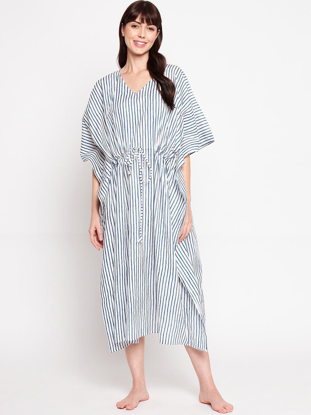 

SECRETS BY ZEROKAATA Women White & Blue Printed Caftan Coverup Swimwear