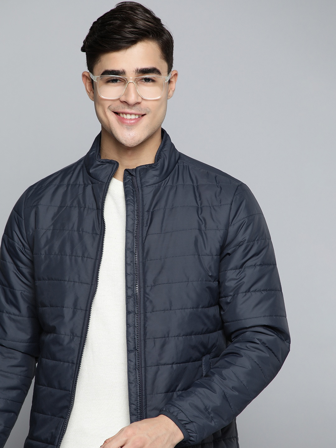

Mast & Harbour Men Navy Blue Solid Padded Jacket