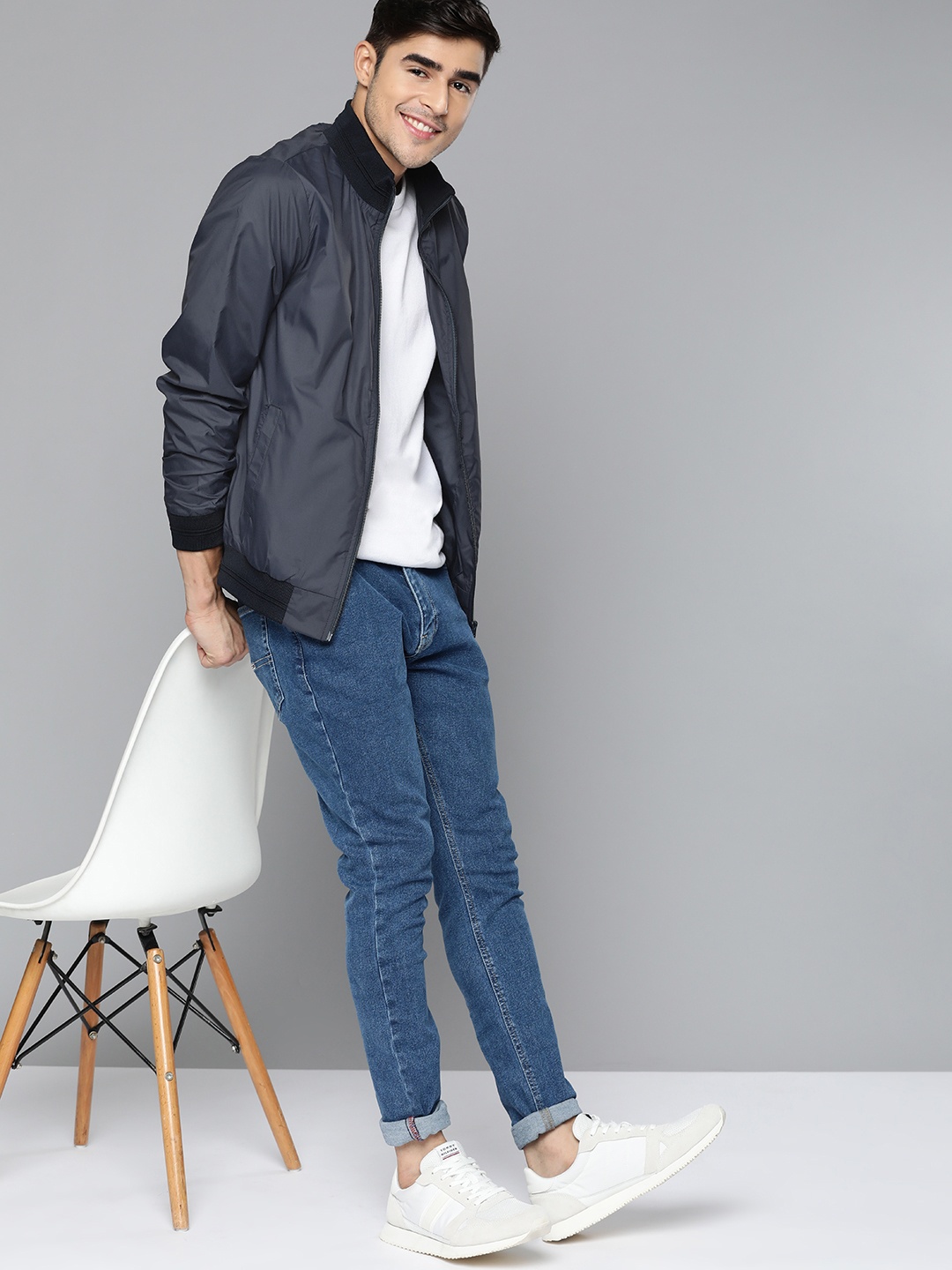 

Mast & Harbour Men Navy Blue Solid Mandarin Collar Bomber Jacket