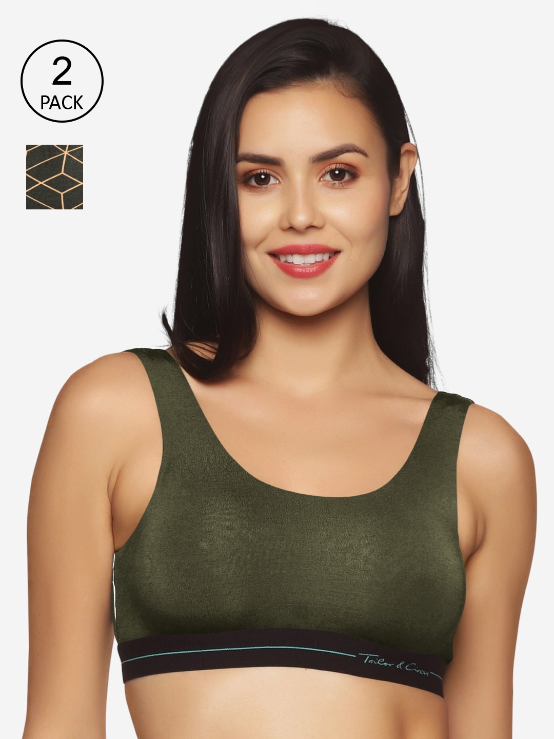 

Tailor & Circus Pack of 2 Green & Brown Geometric Bralette Bra