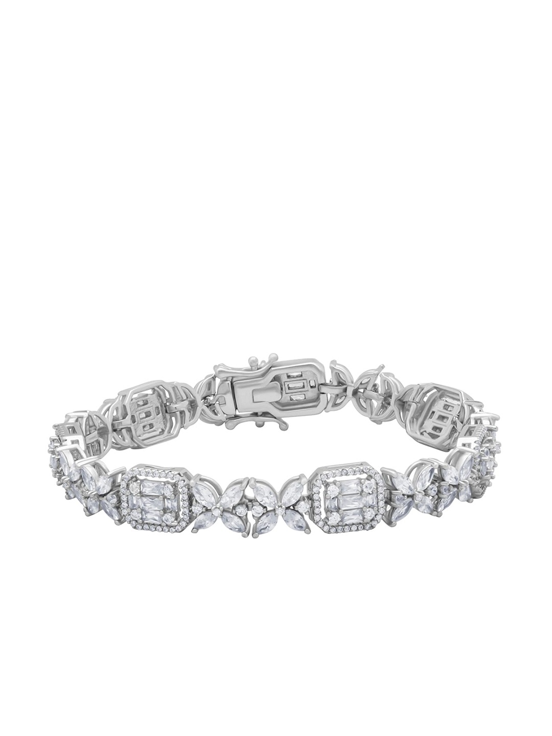 

ANAYRA Women Silver-Toned & White Sterling Silver Cubic Zirconia Link Bracelet