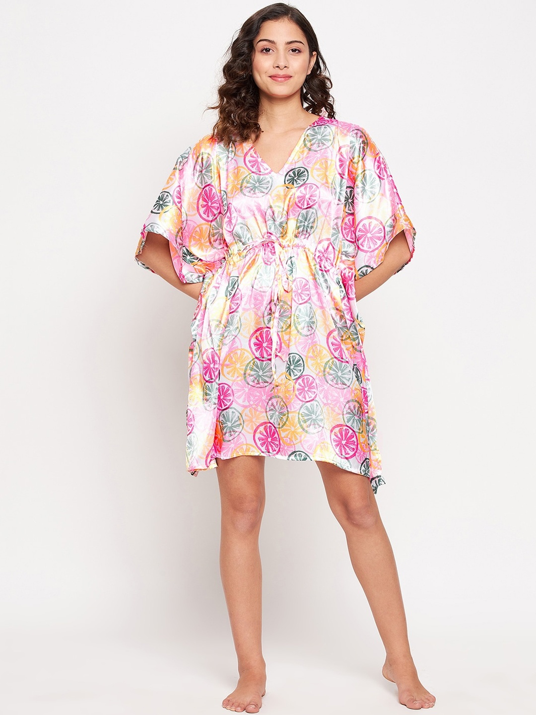 

SECRETS BY ZEROKAATA Women Pink & Yellow Printed Kaftan Cover Up Dress