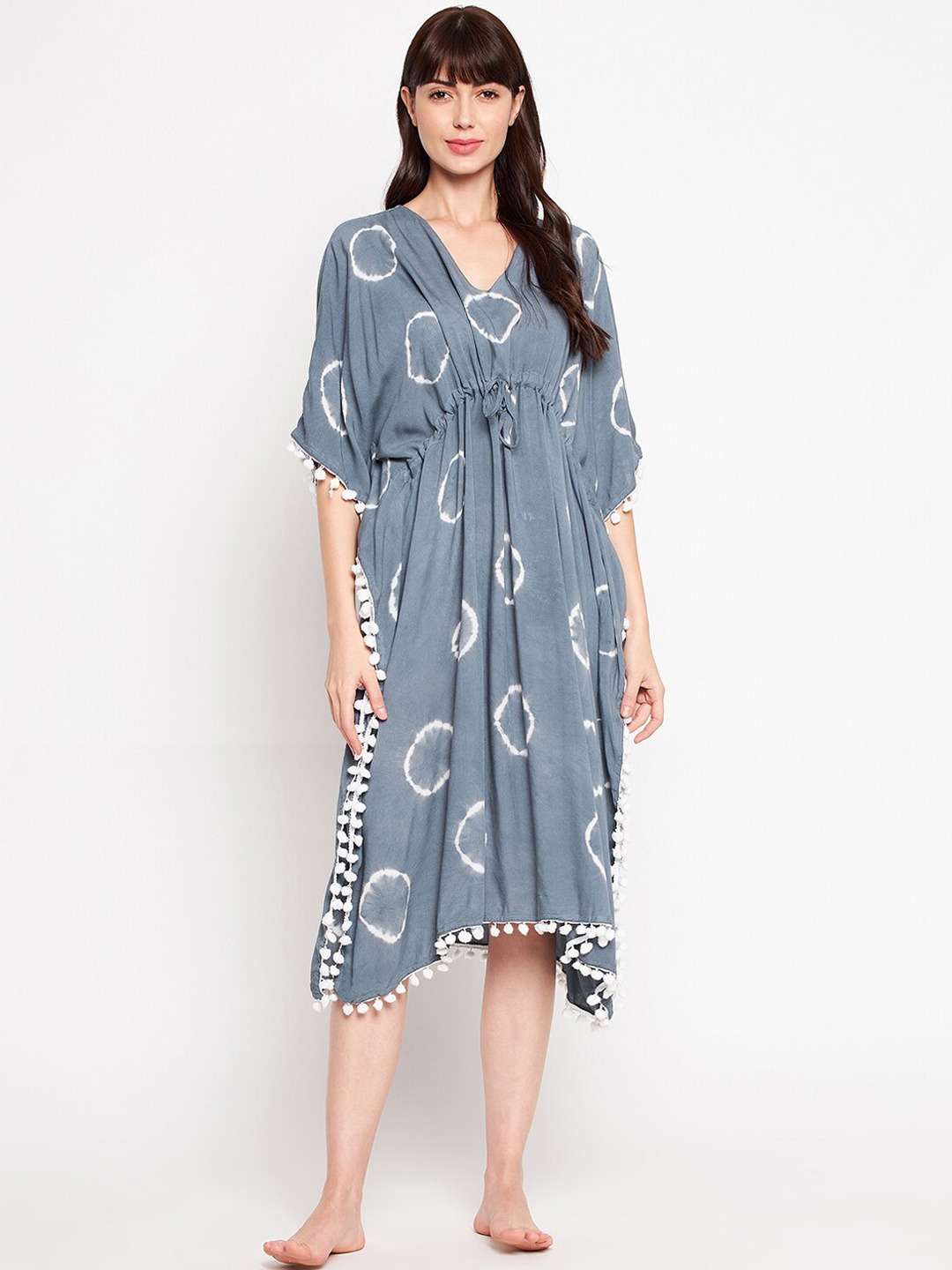

SECRETS BY ZEROKAATA Grey & Off White Tie and Dye Kaftan Cover Up Dress