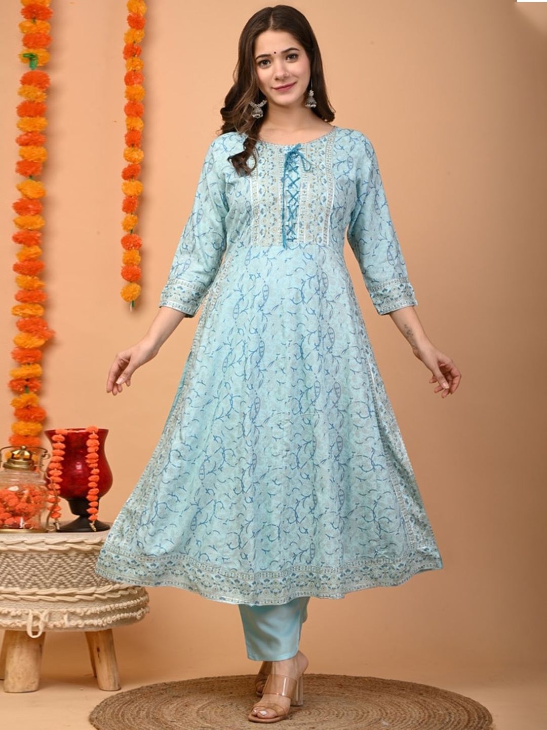 

TOULIN Women Turquoise Blue Ethnic Motifs Printed Pure Cotton Kurta with Trousers & With Dupatta