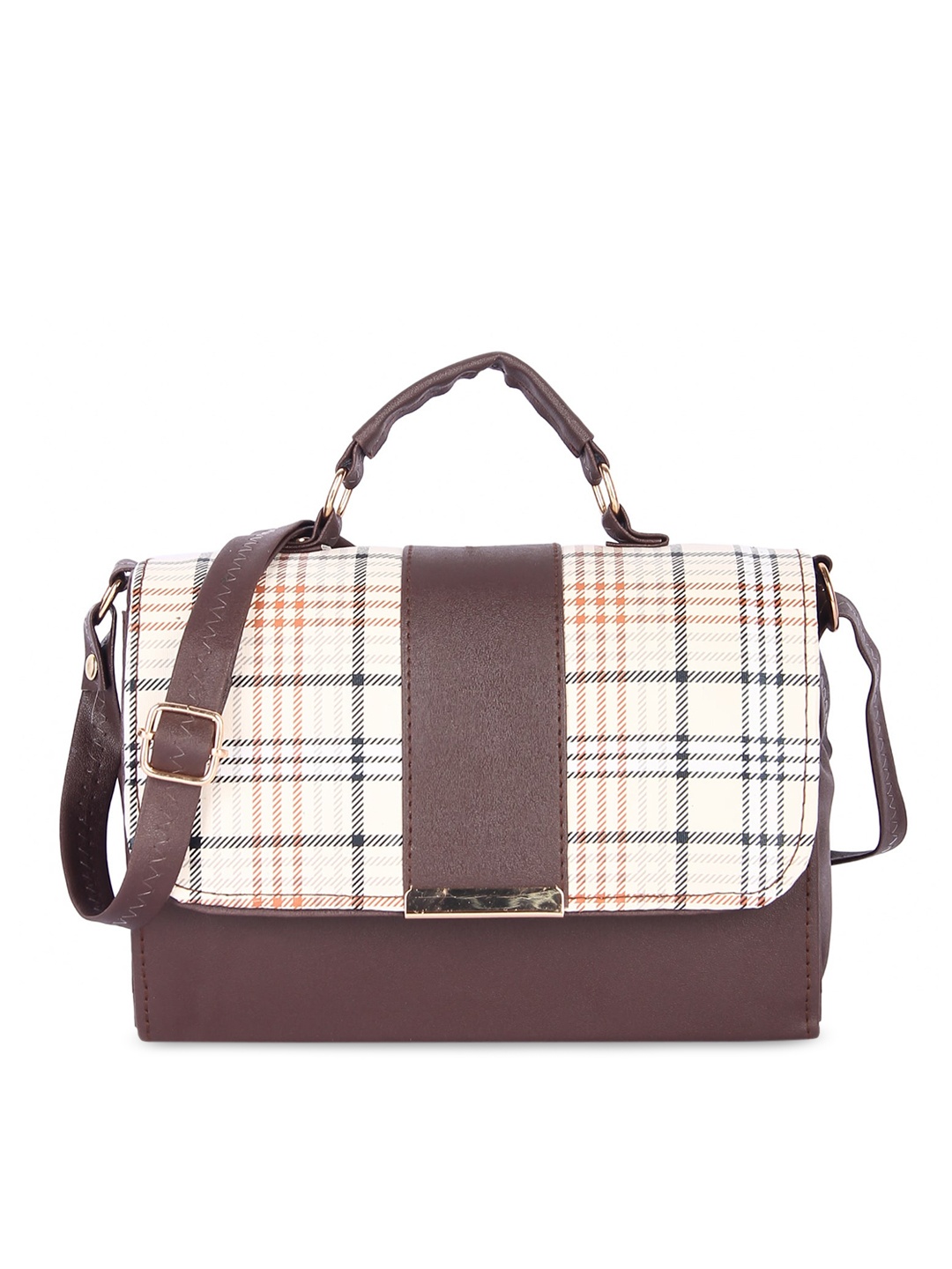 

Leather Retail Coffee Brown Checked PU Structured Handheld Bag