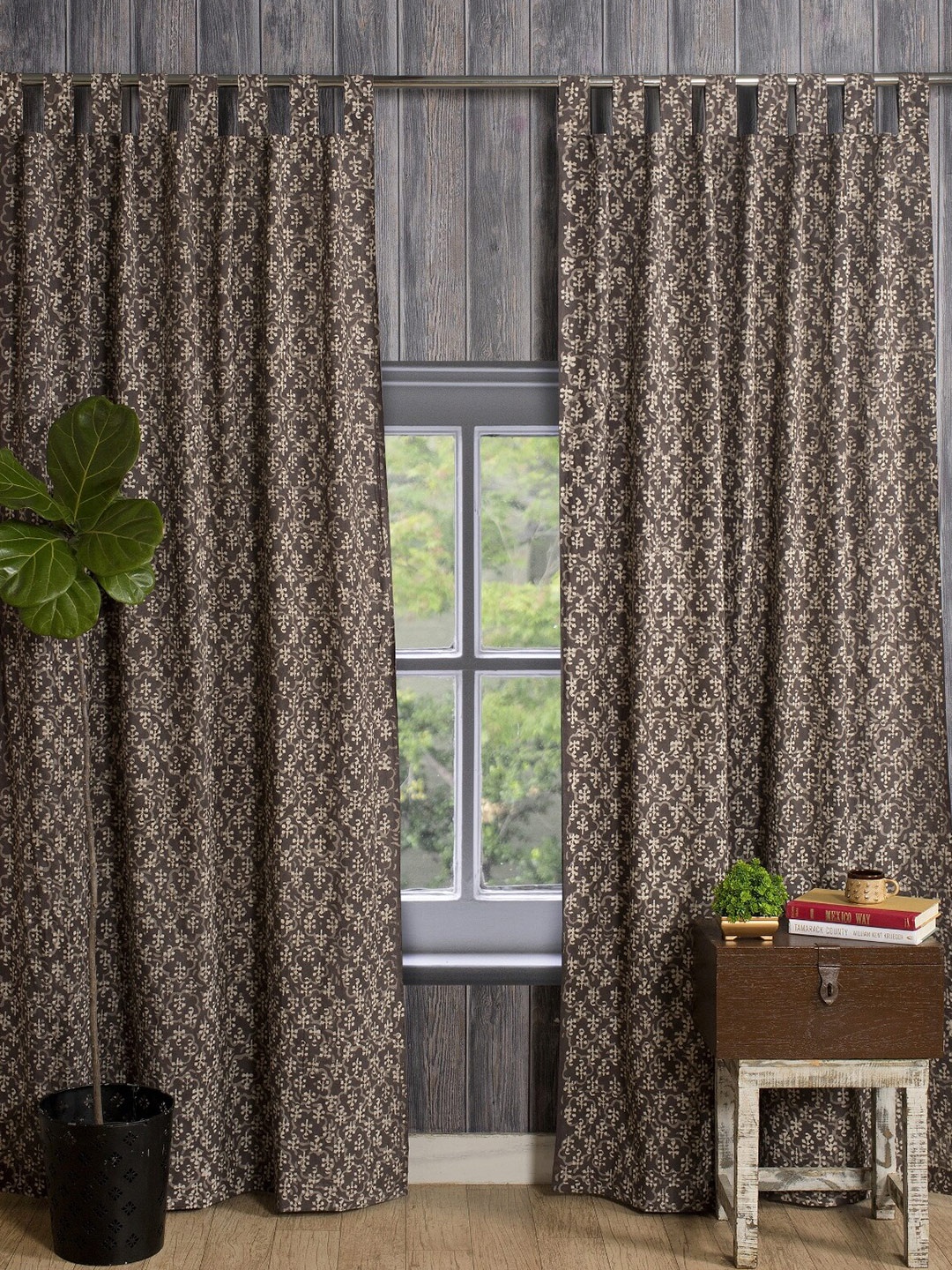 

HANDICRAFT PALACE Brown & Beige Set of 2 Floral Door Cotton Curtains