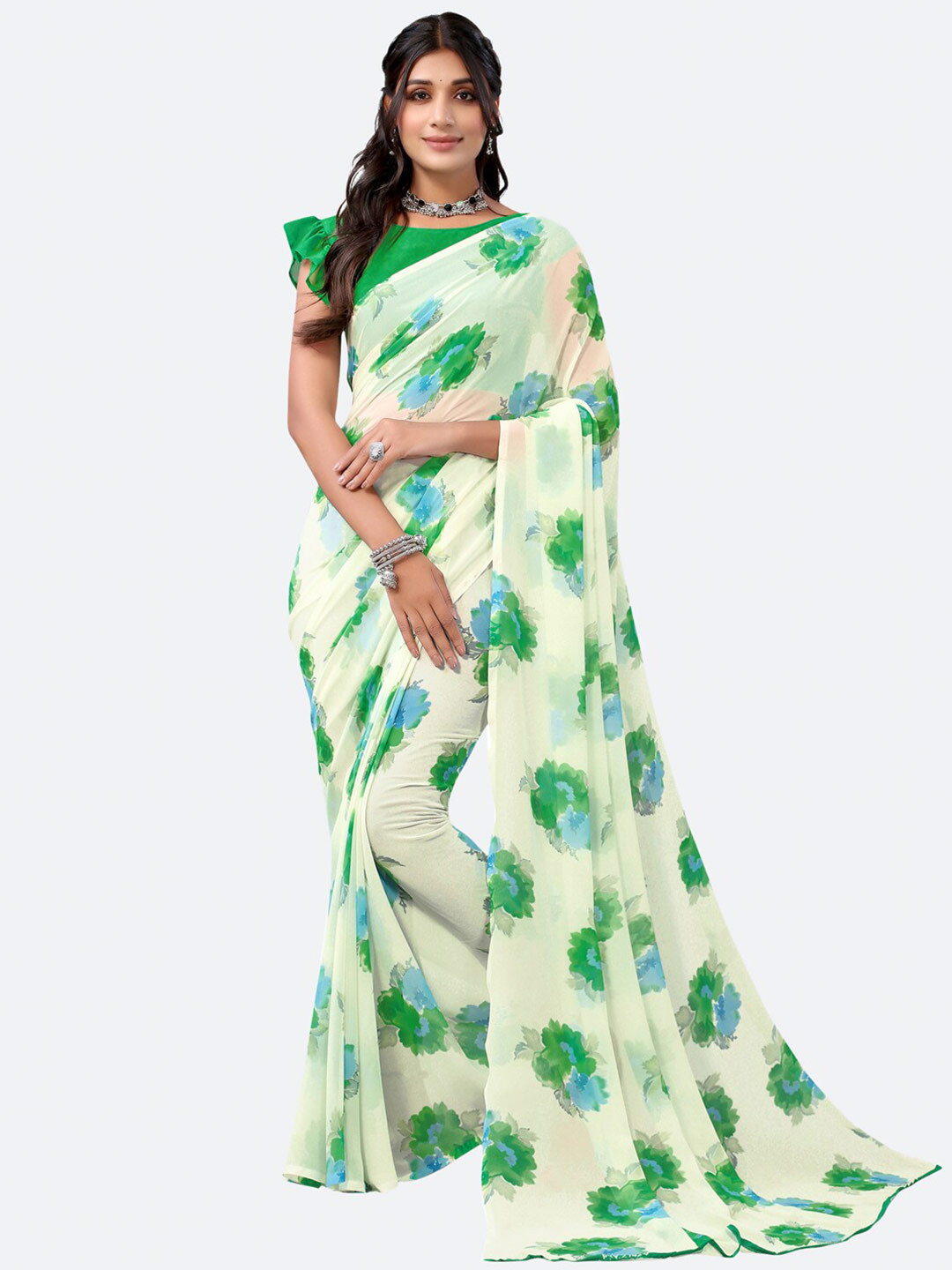 

KALINI Cream-Coloured & Green Floral Saree