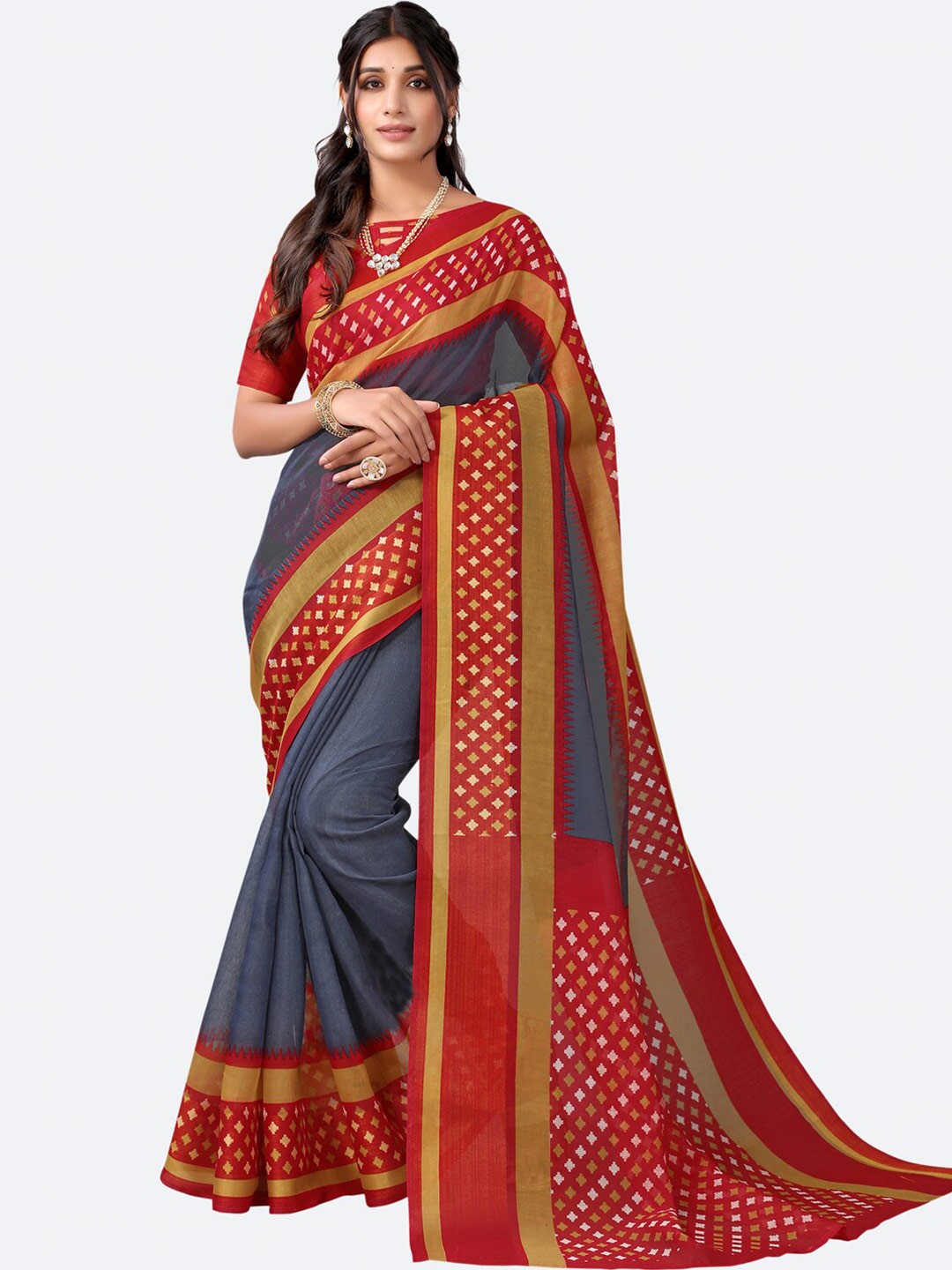 

KALINI Grey & Red Ethnic Motifs Zari Block Print Saree