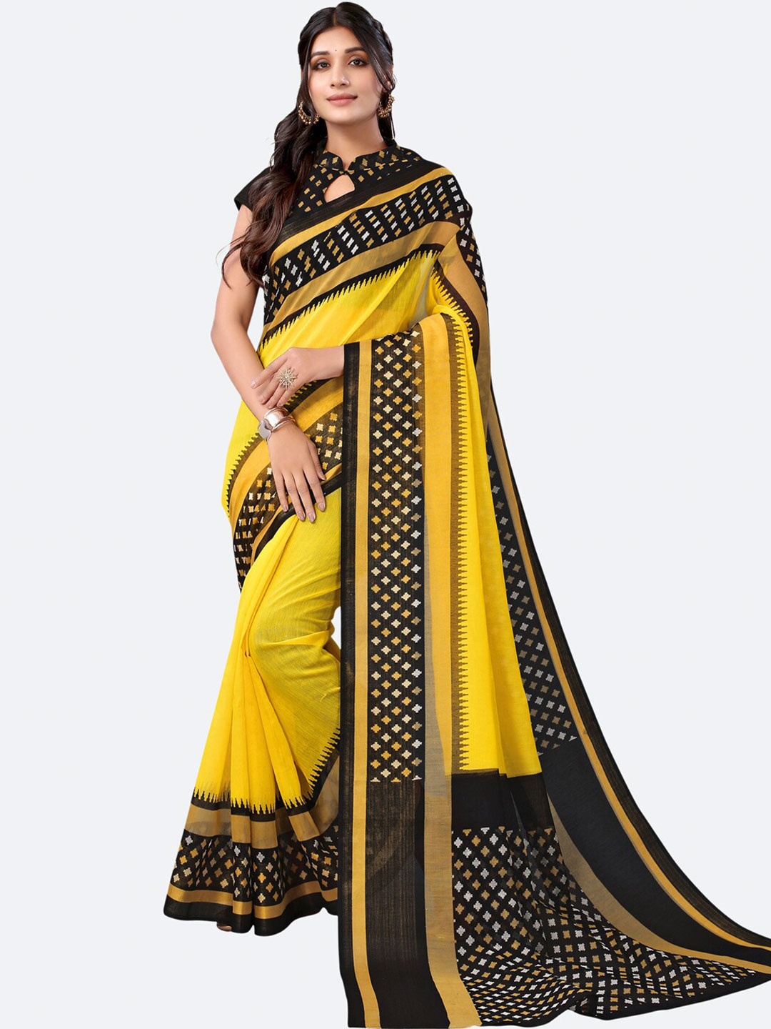 

KALINI Yellow & Black Ethnic Motifs Block Print Saree With Blouse Piece