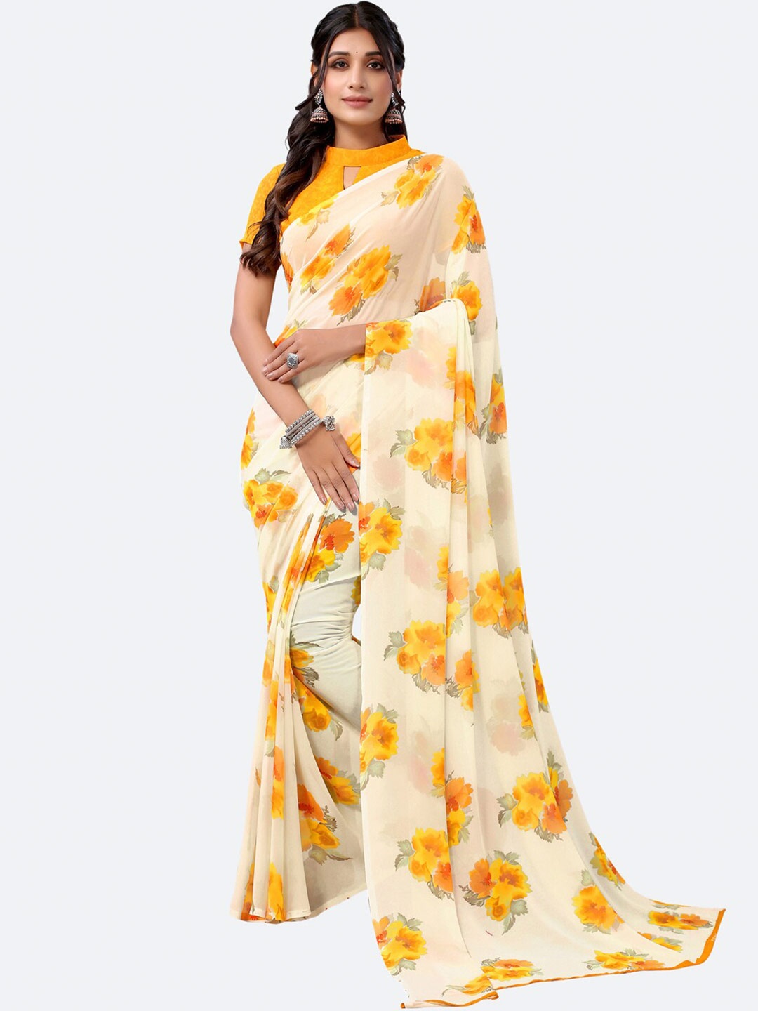 

KALINI Cream-Coloured & Yellow Floral Printed Poly Georgette Saree
