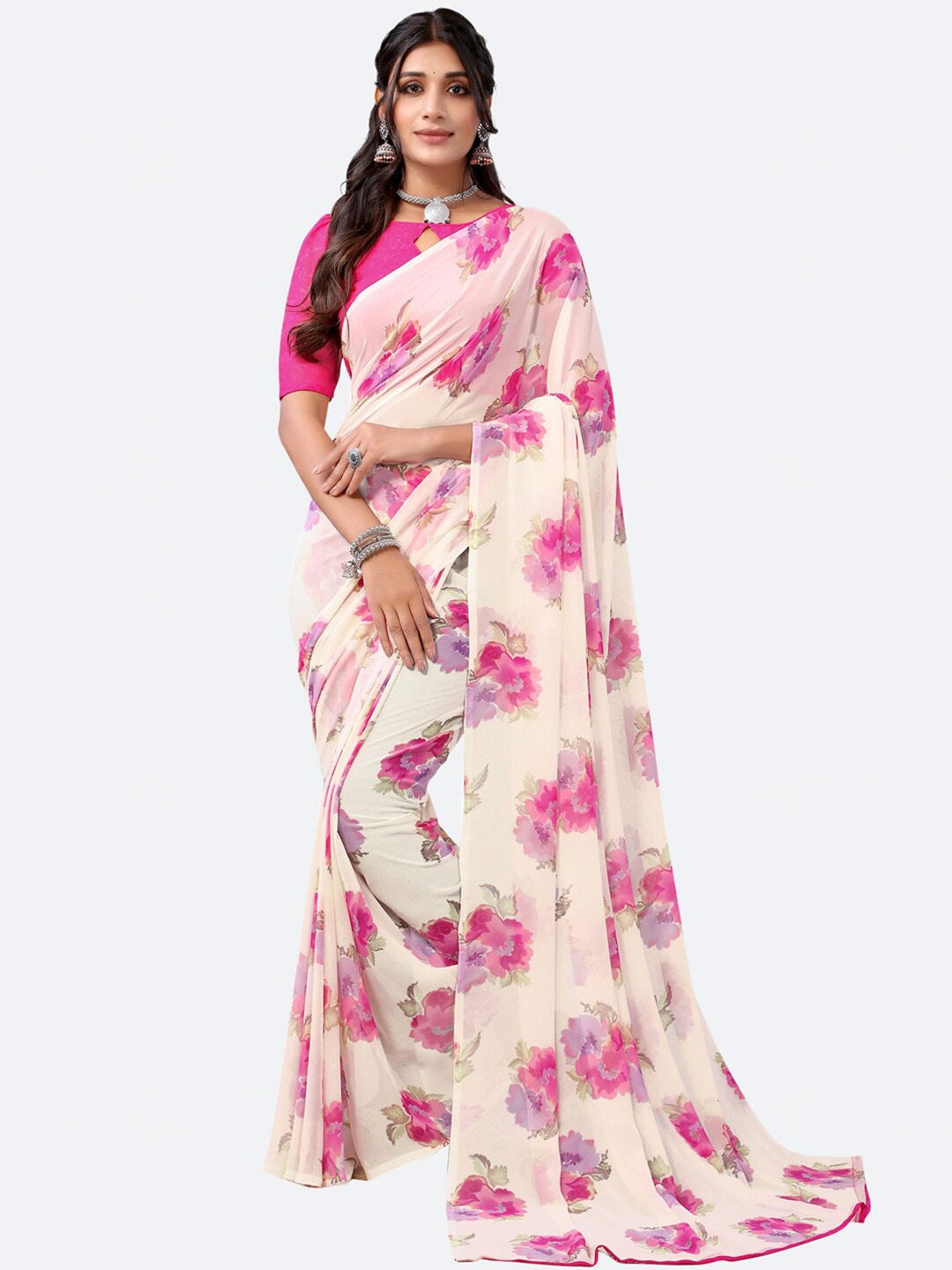 

KALINI Women Cream-Coloured & Green Floral Printed Saree With Blouse Piece