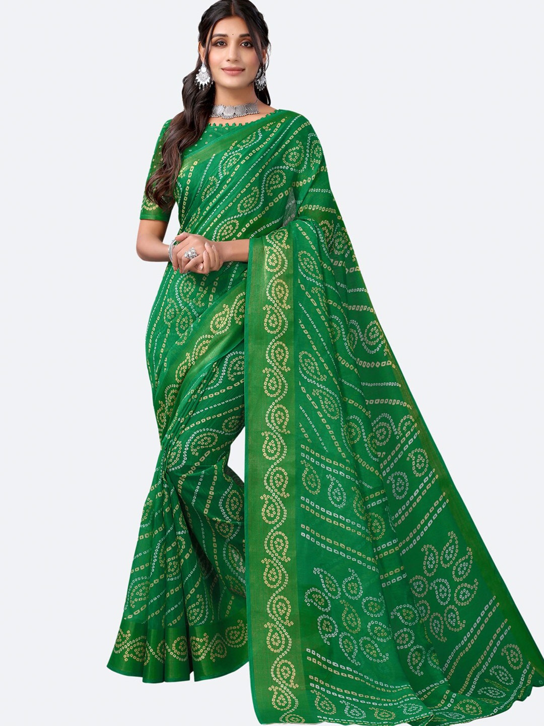 

KALINI Green & White Ethnic Motifs Bandhani Saree