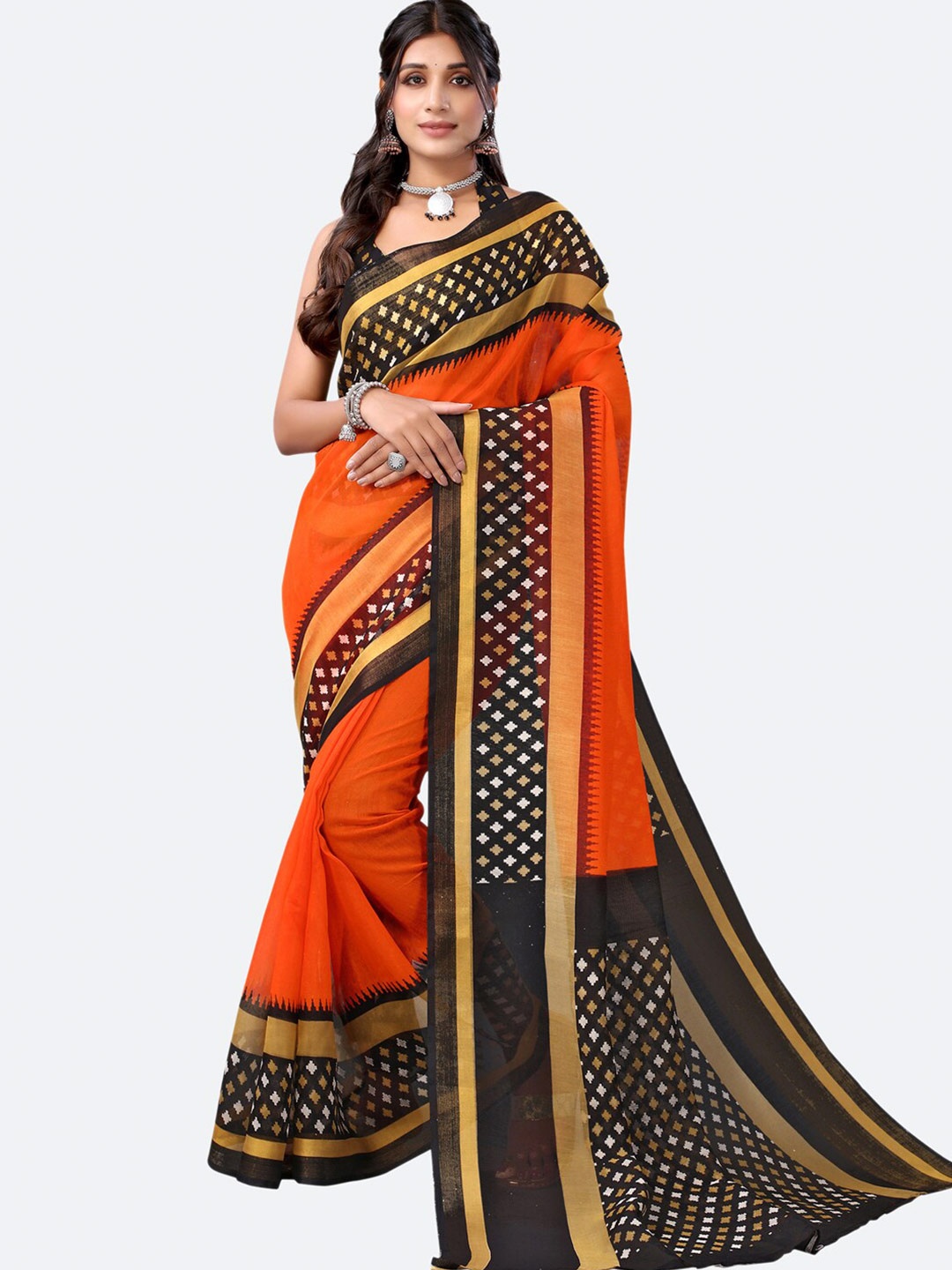 

KALINI Orange & Brown Ethnic Motifs Block Print Saree