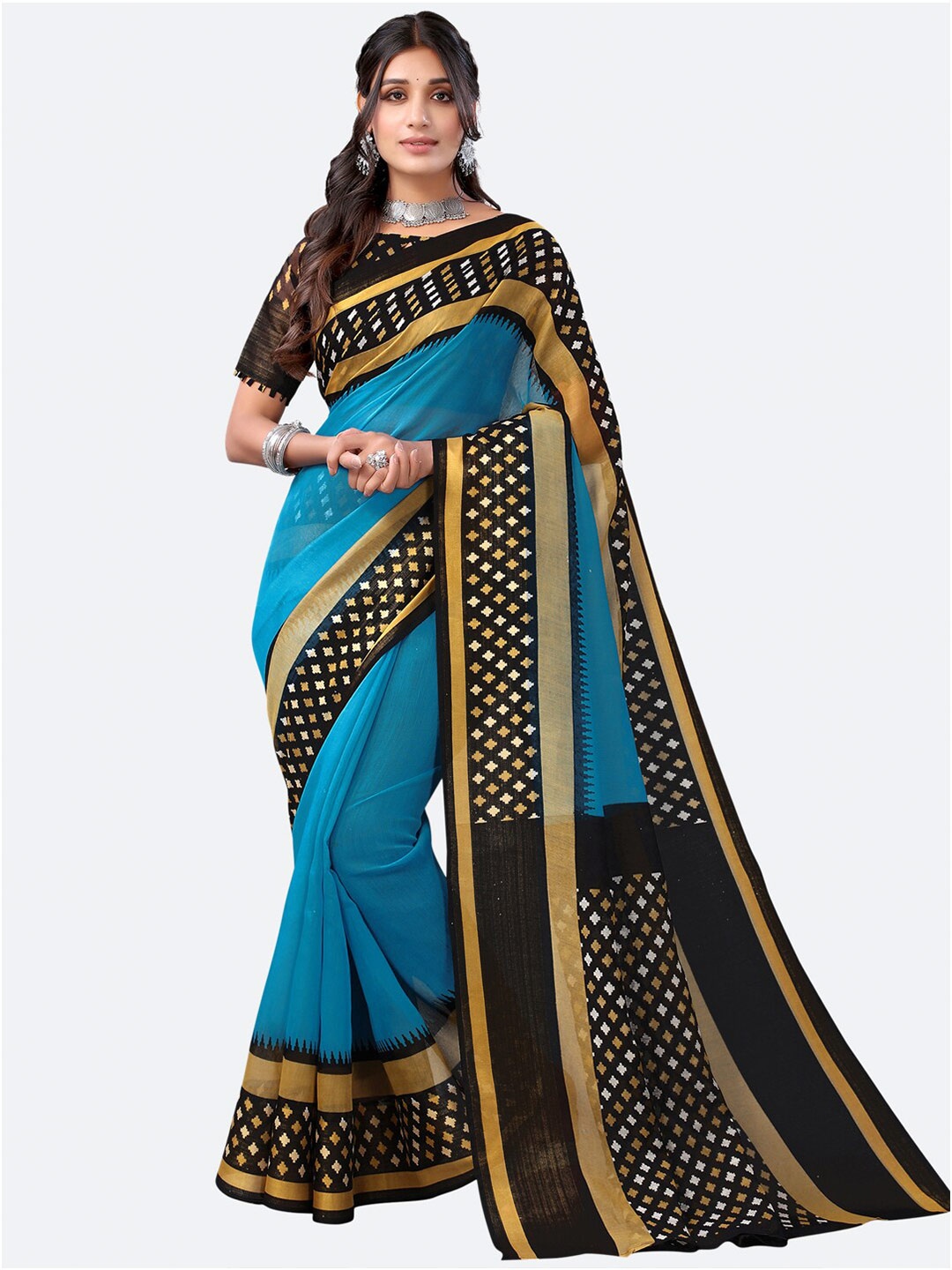 

KALINI Blue & Black Zari Geometric Printed Saree