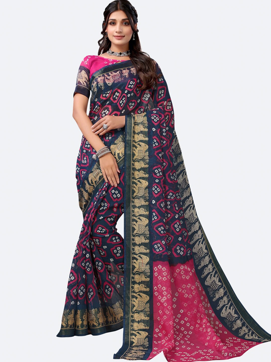

KALINI Women Blue & Pink Bandhani Printed Saree