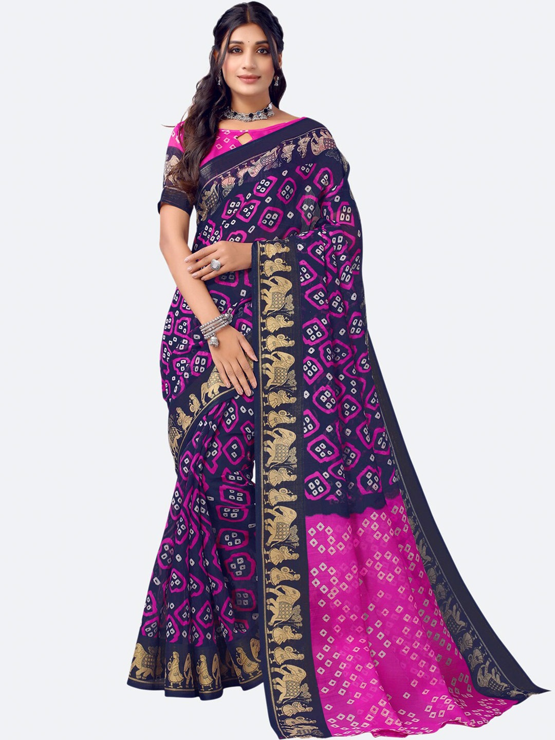 

KALINI Navy Blue & Purple Bandhani Printed Saree