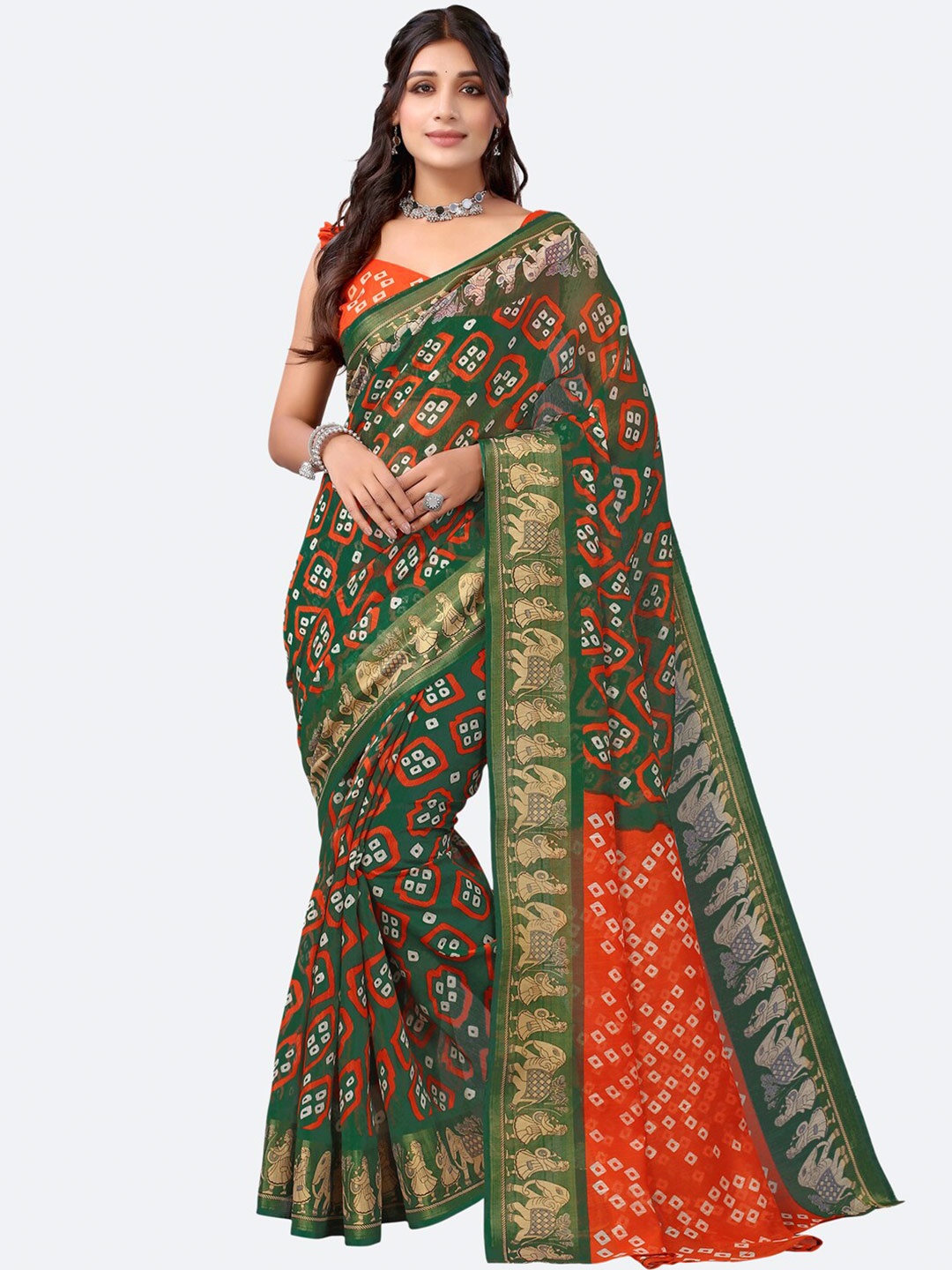 

KALINI Green & Orange Bandhani Saree