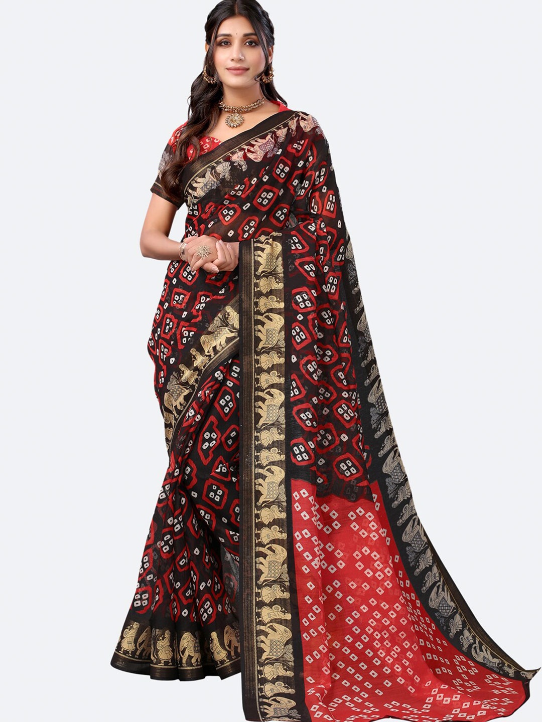 

KALINI Black & Orange Printed Bandhani Saree