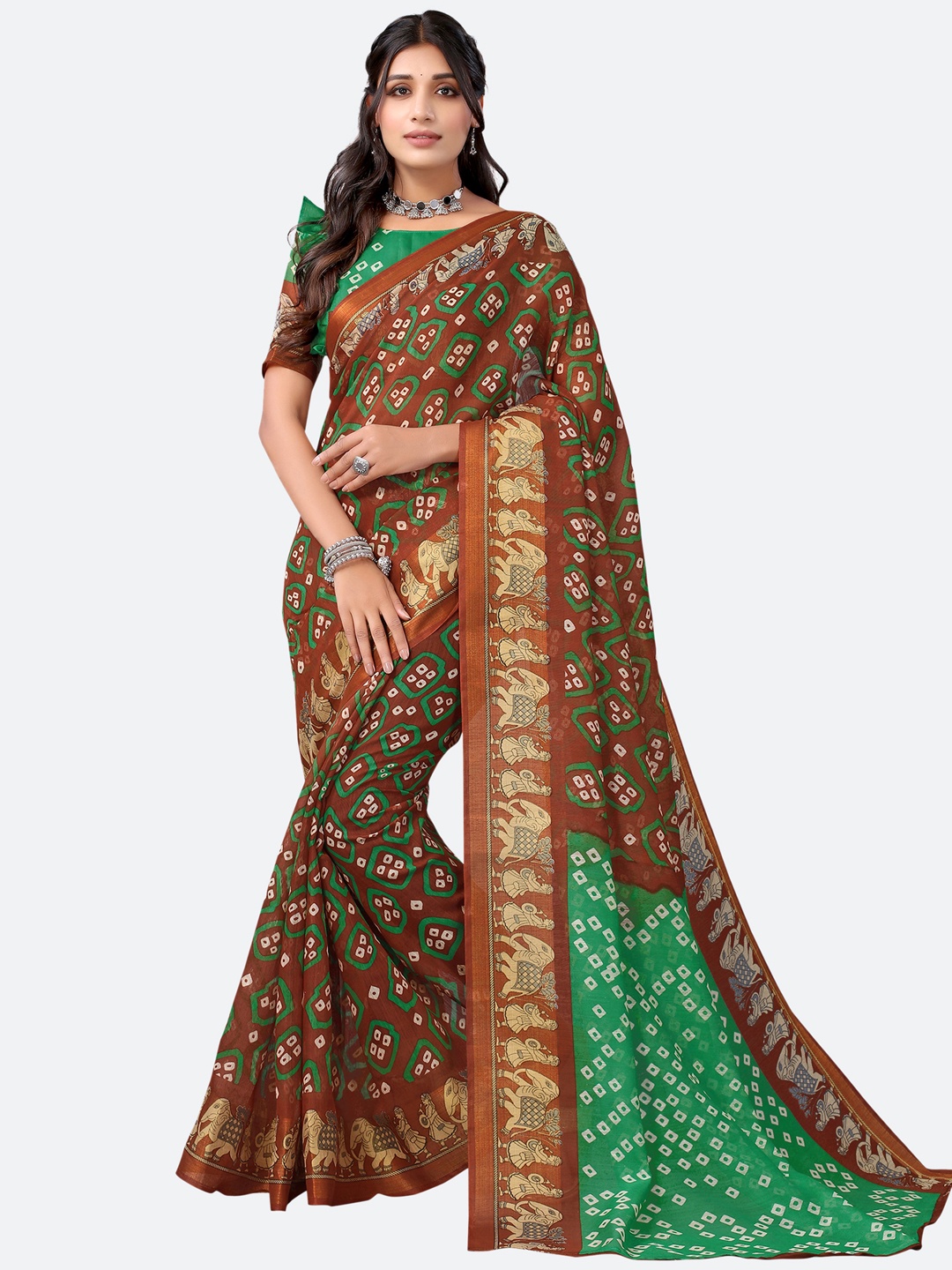 

KALINI Brown & Green Bandhani Zari Bandhani Saree