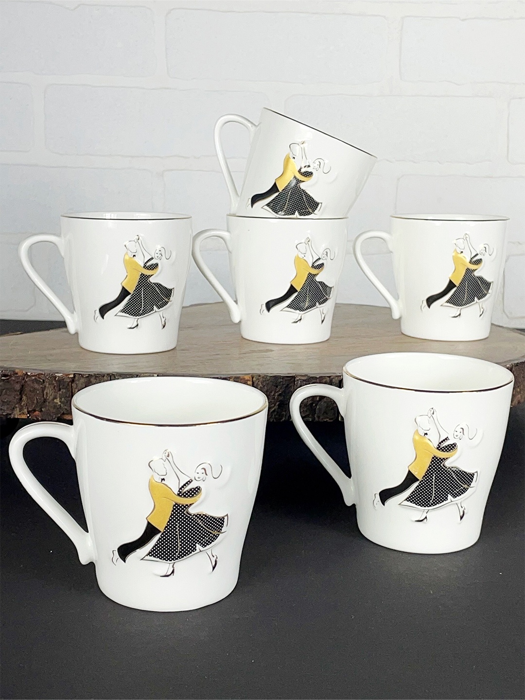 

CLAY CRAFT White & Black Set Of 6 Dishwasher And Microwave safe Ceramic Cups 200ml Each