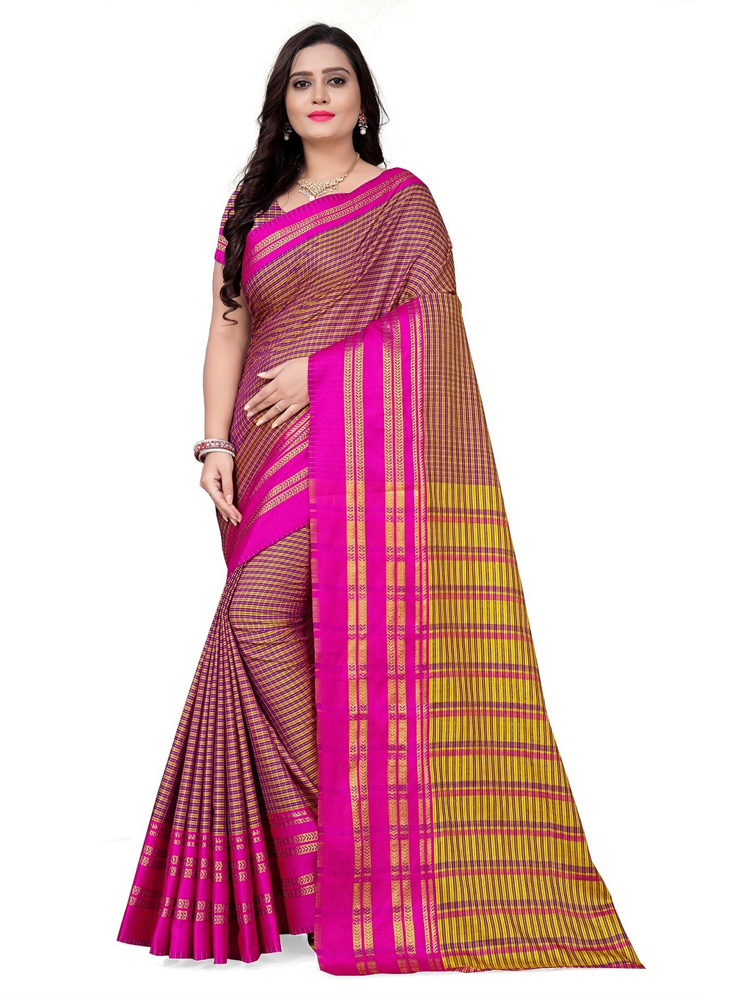 

KALINI Pink & Brown Checked Zari Silk Cotton Jamdani Saree
