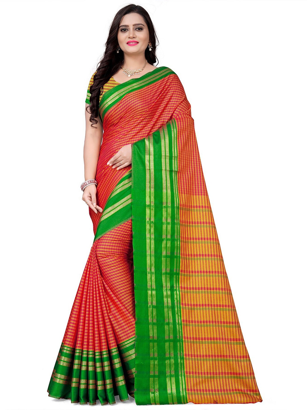 

KALINI Rose & Green Checked Zari Silk Cotton Jamdani Saree