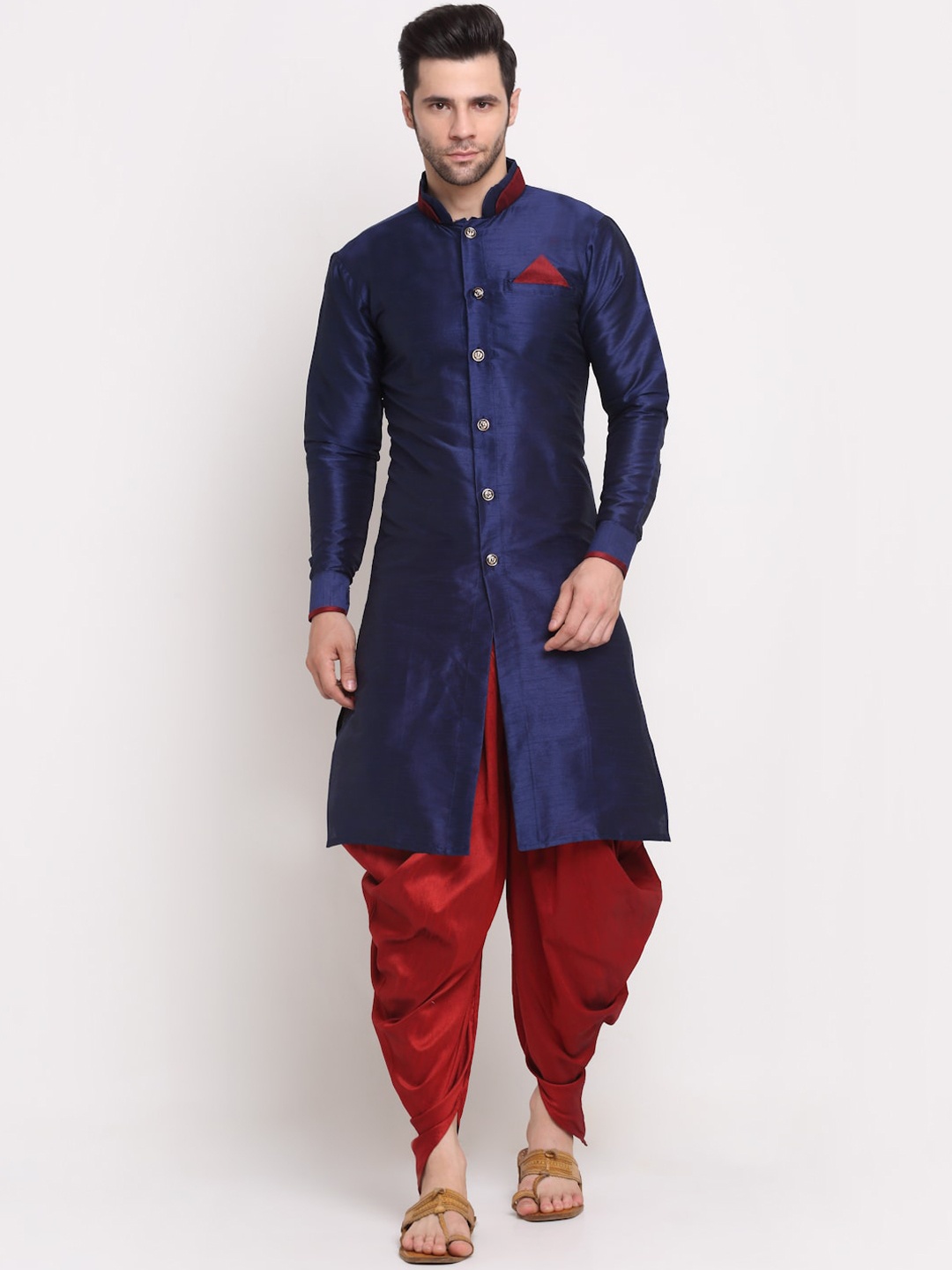 

Benstoke Men Navy Blue & Maroon Solid Sherwani Set