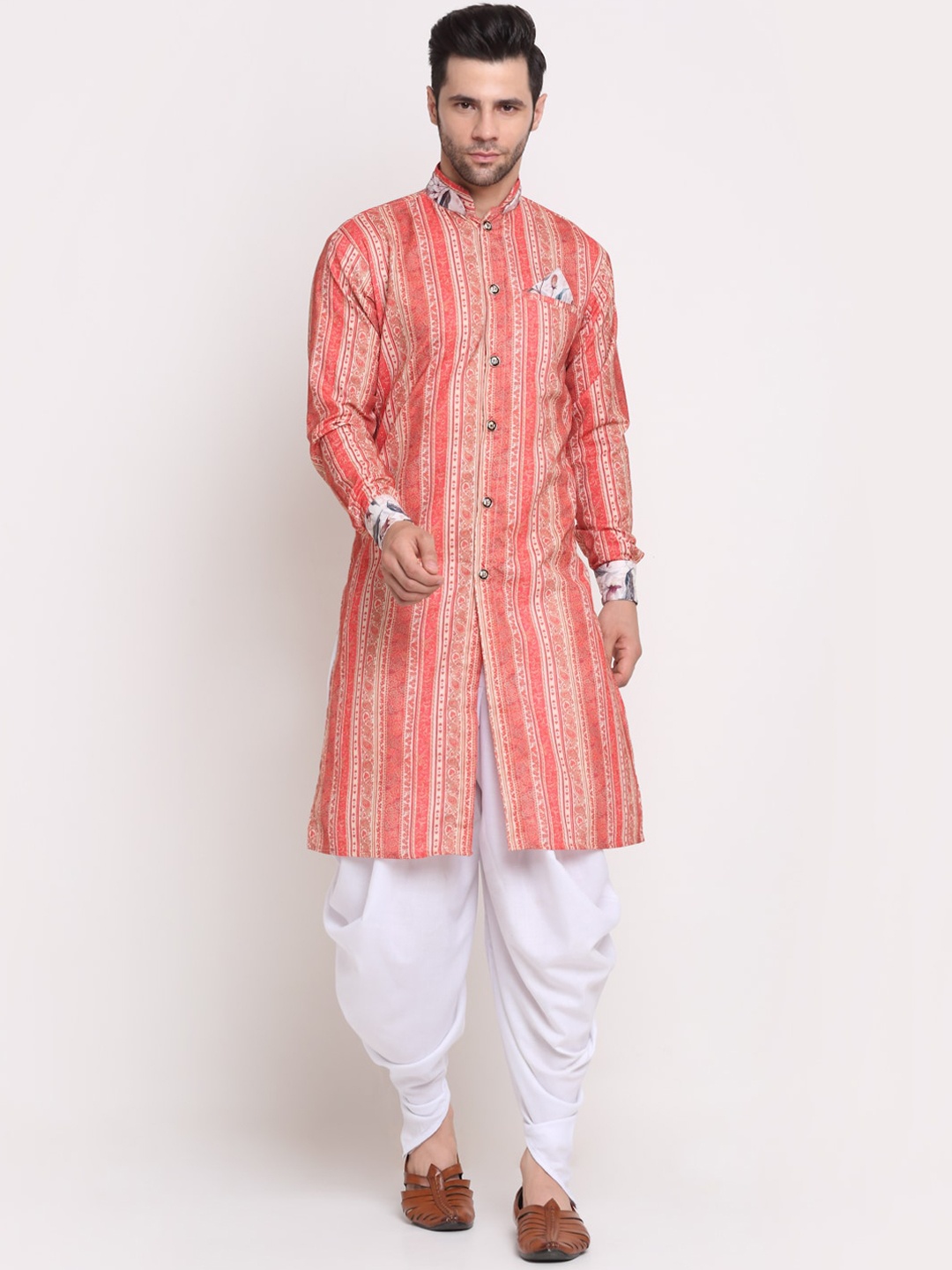 

Benstoke Men Peach-Coloured & Beige Printed Sherwani Set