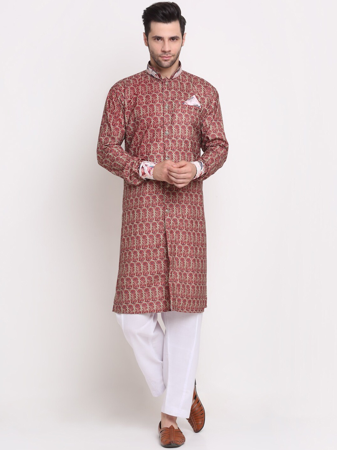

Benstoke Men Beige & Red Printed Sherwani