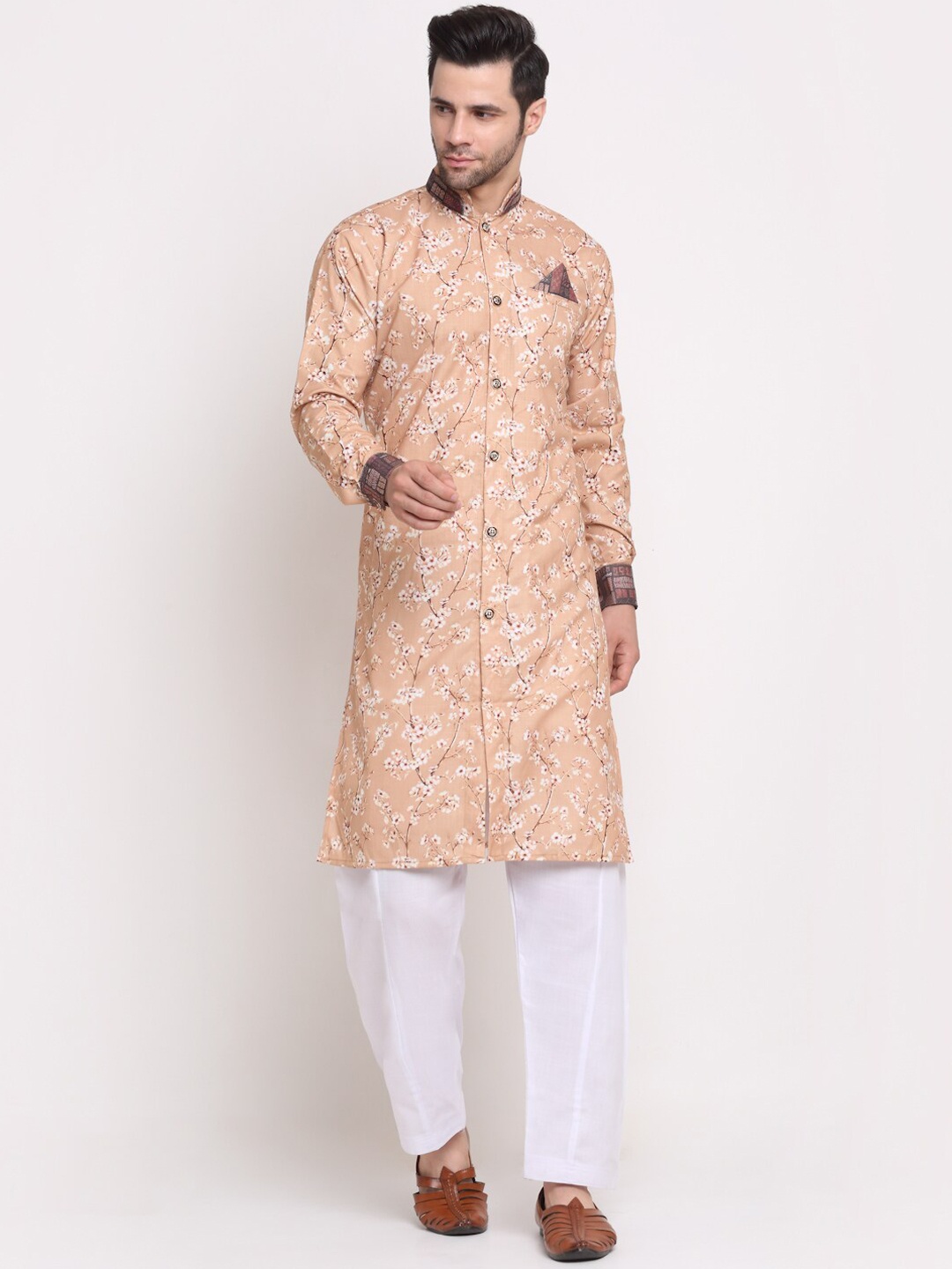 

Benstoke Men Beige & White Printed Sherwani Set