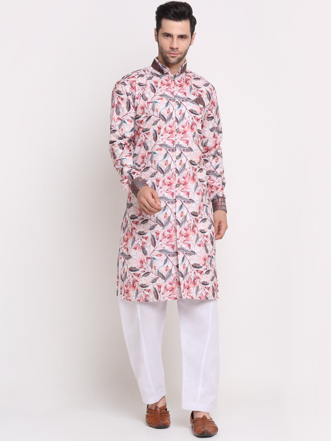 

Benstoke Men Pink & Grey Printed Sherwani Set